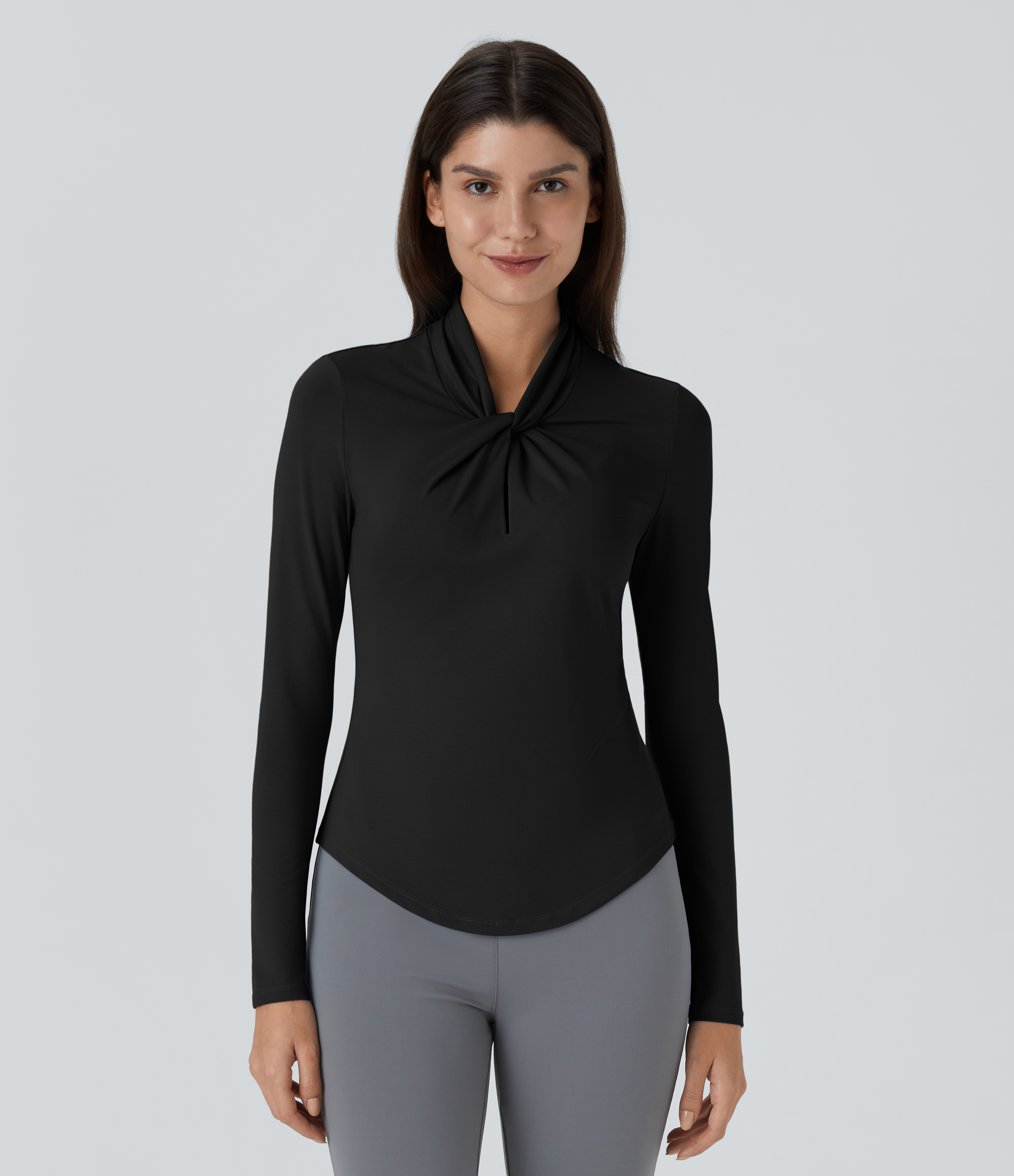 Halara Twisted Cut Out Neck Long Sleeve Curved Hem Work Top Tank Top - Black - XL golf tops halter top tunic tops sleeveless tops 