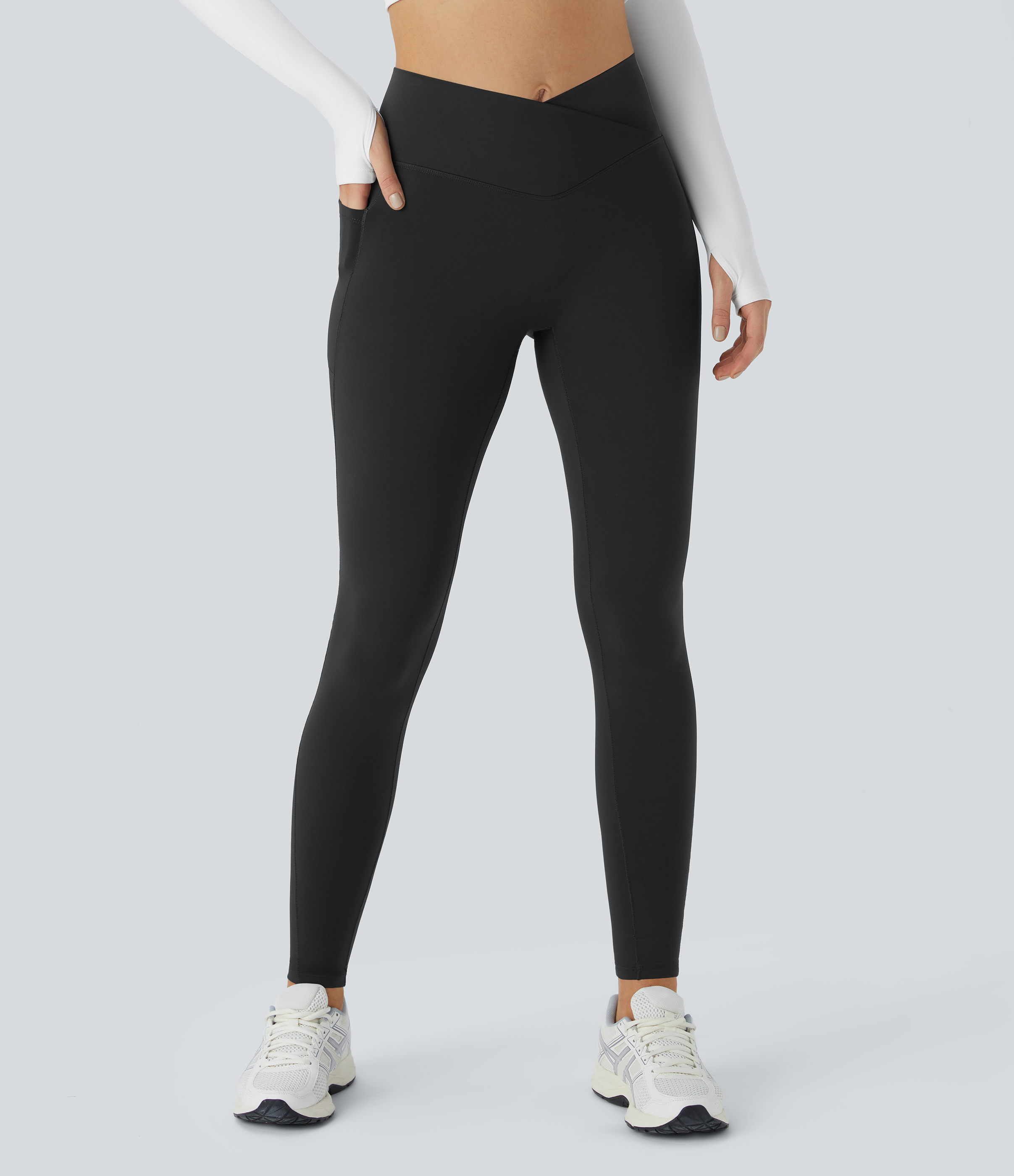 Halara Patitoffв„ў Pet Hair Resistant Fleece Lined Crossover Side Pocket Casual 7/8 Leggings  - Black - M gym leggings leggings with pockets 