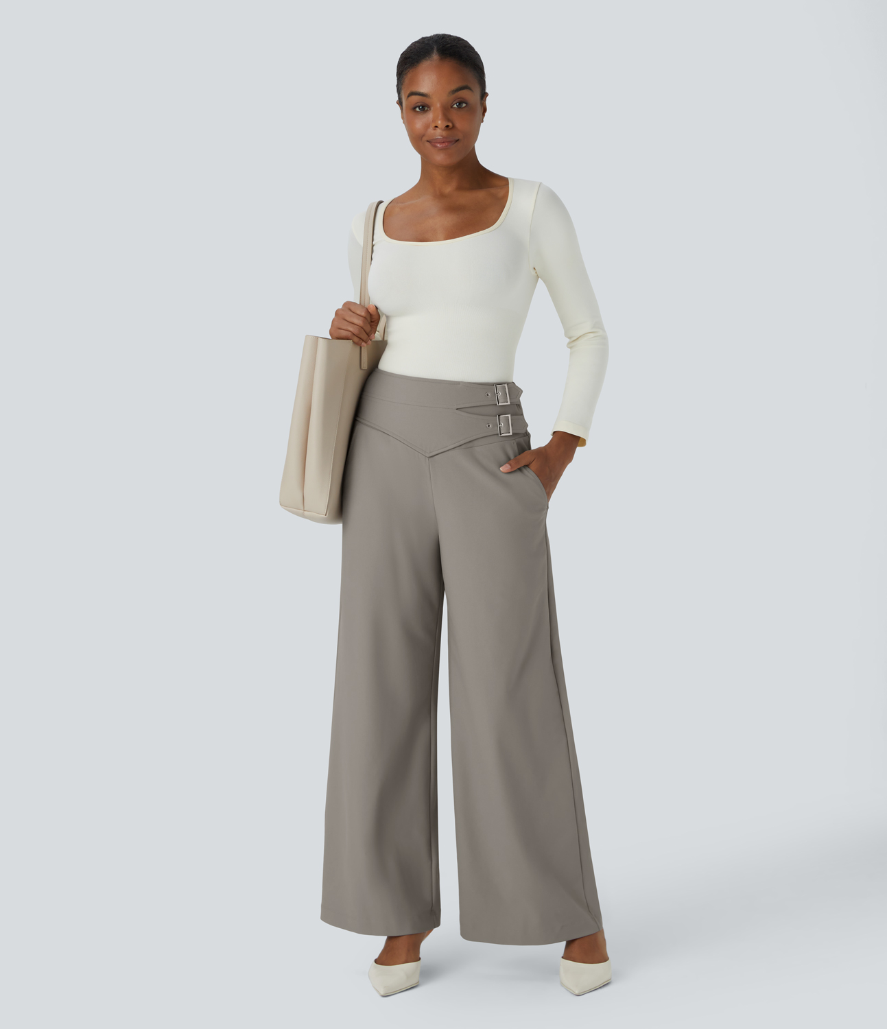Halara Halara Flexв„ў High Waisted Decorative Buckle Side Pocket Wide Leg Twill Work Pants  - Elephant Skin - S(regular) 