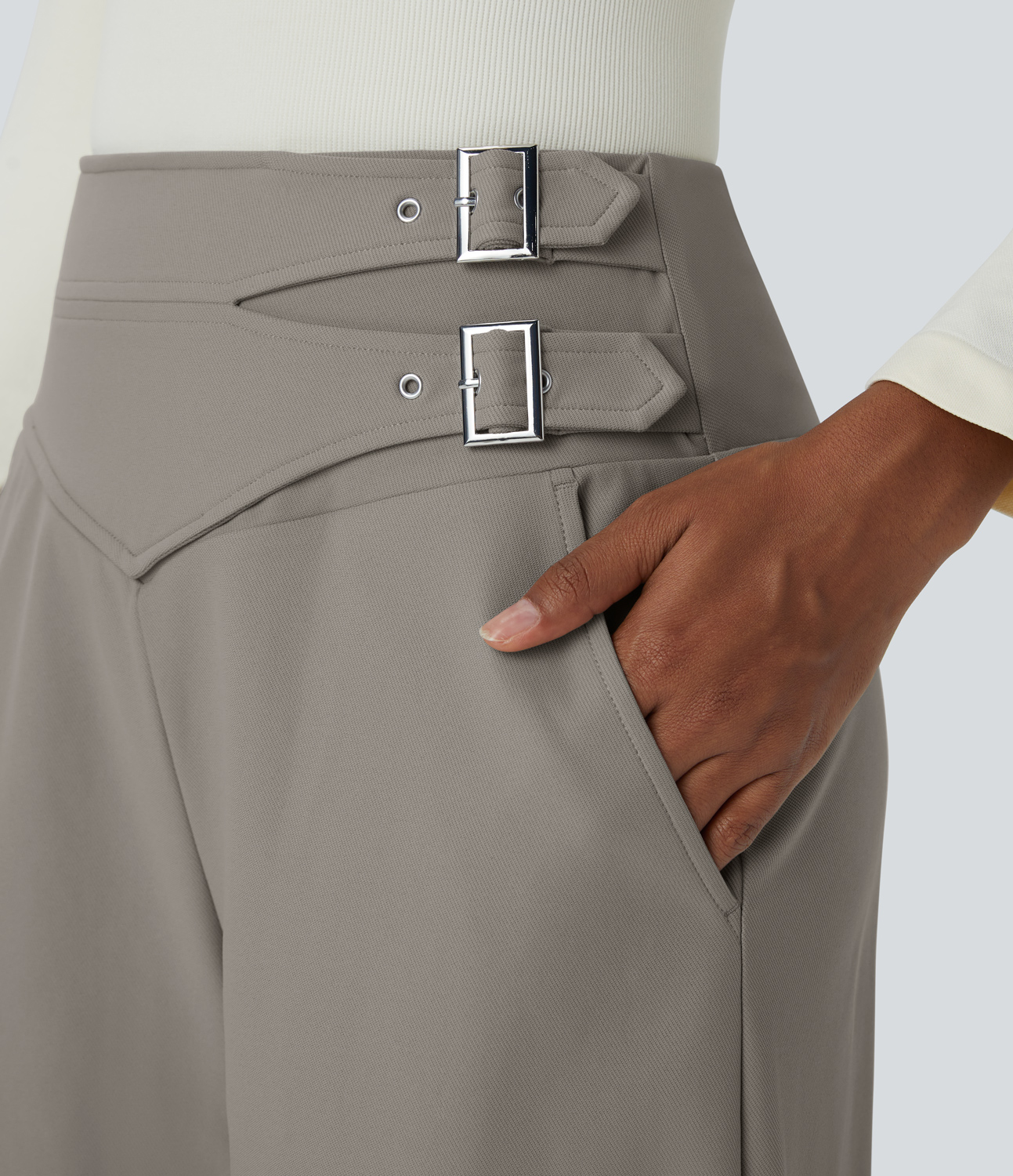 Halara Halara Flexв„ў High Waisted Decorative Buckle Side Pocket Wide Leg Twill Work Pants  - Elephant Skin - S(regular) 