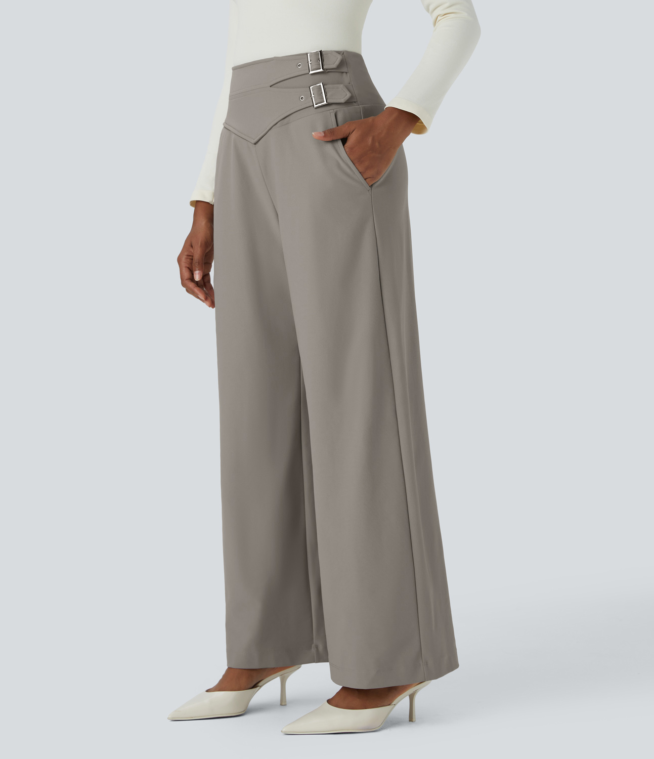Halara Halara Flexв„ў High Waisted Decorative Buckle Side Pocket Wide Leg Twill Work Pants  - Elephant Skin - S(regular) 