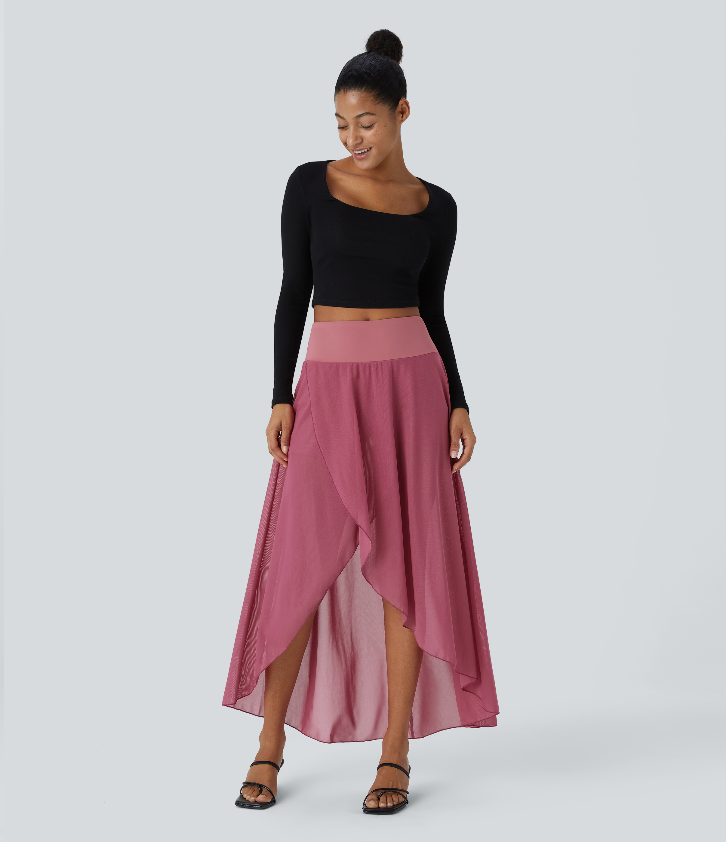 Halara High Waisted High Low Ruffle 2-in-1 Side Pocket Flare Mesh Casual Regular Maxi Skirt  - Rose Wine - S midi skirt a line skirt 