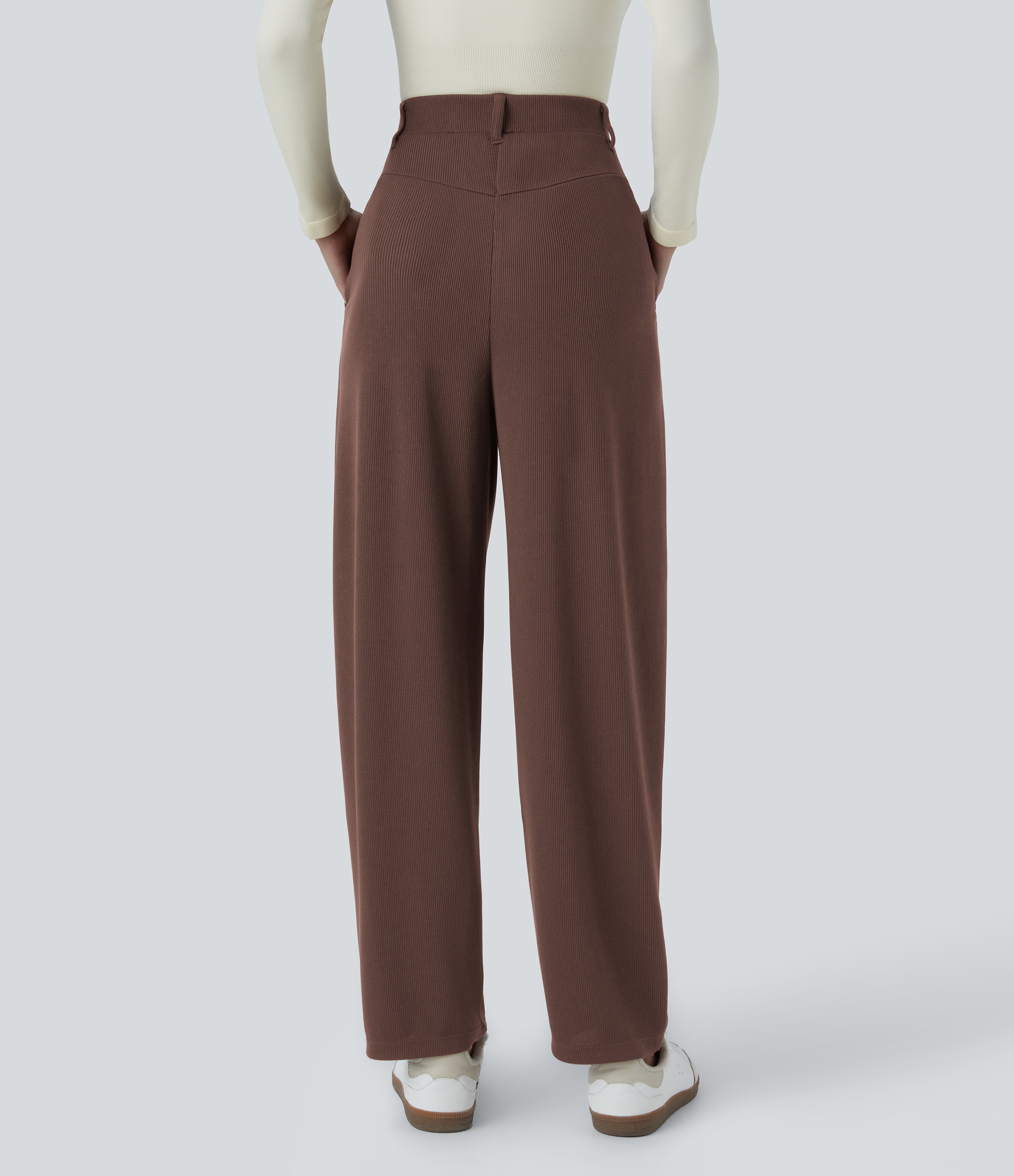 Halara Ribbed High Waisted Plicated Side Pocket  Barrel Leg Work Pants  - Chestnut - XL(regular) sweatpants jogger pants stacked sweatpants 