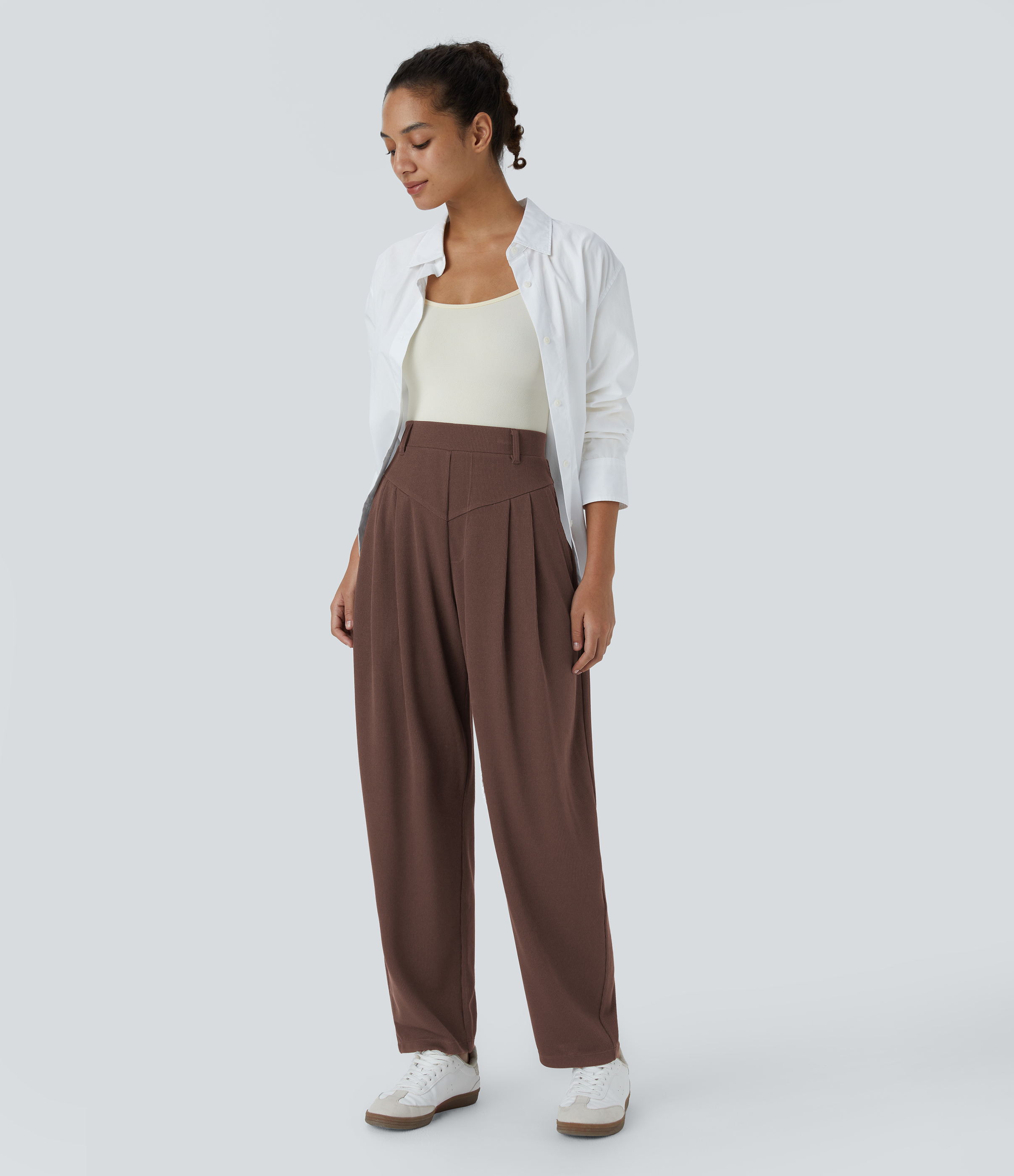 Halara Ribbed High Waisted Plicated Side Pocket  Barrel Leg Work Pants  - Chestnut - XL(regular) sweatpants jogger pants stacked sweatpants 