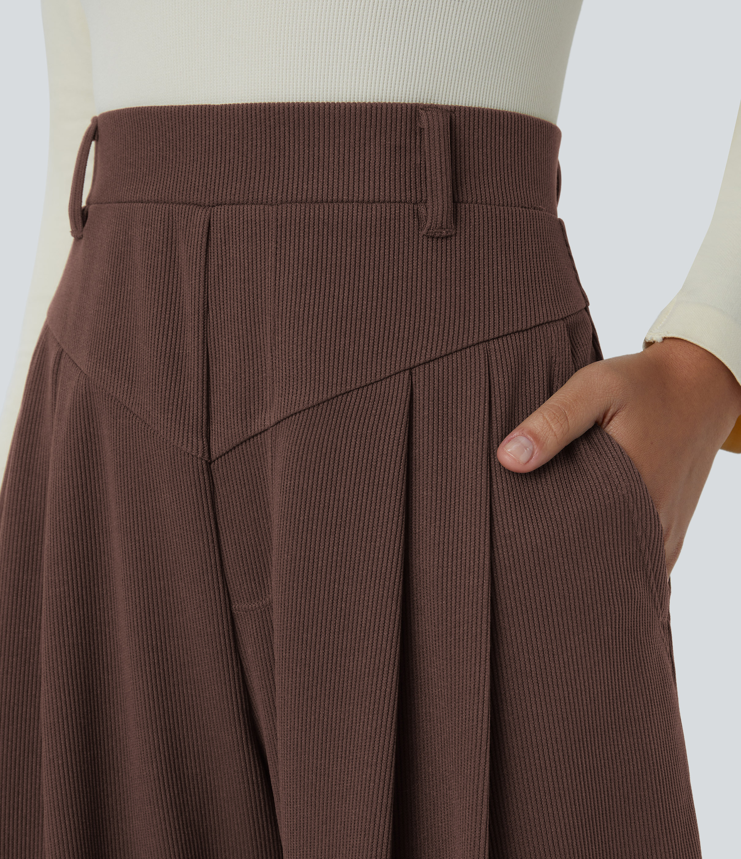 Halara Ribbed High Waisted Plicated Side Pocket  Barrel Leg Work Pants  - Chestnut - XL(regular) sweatpants jogger pants stacked sweatpants 
