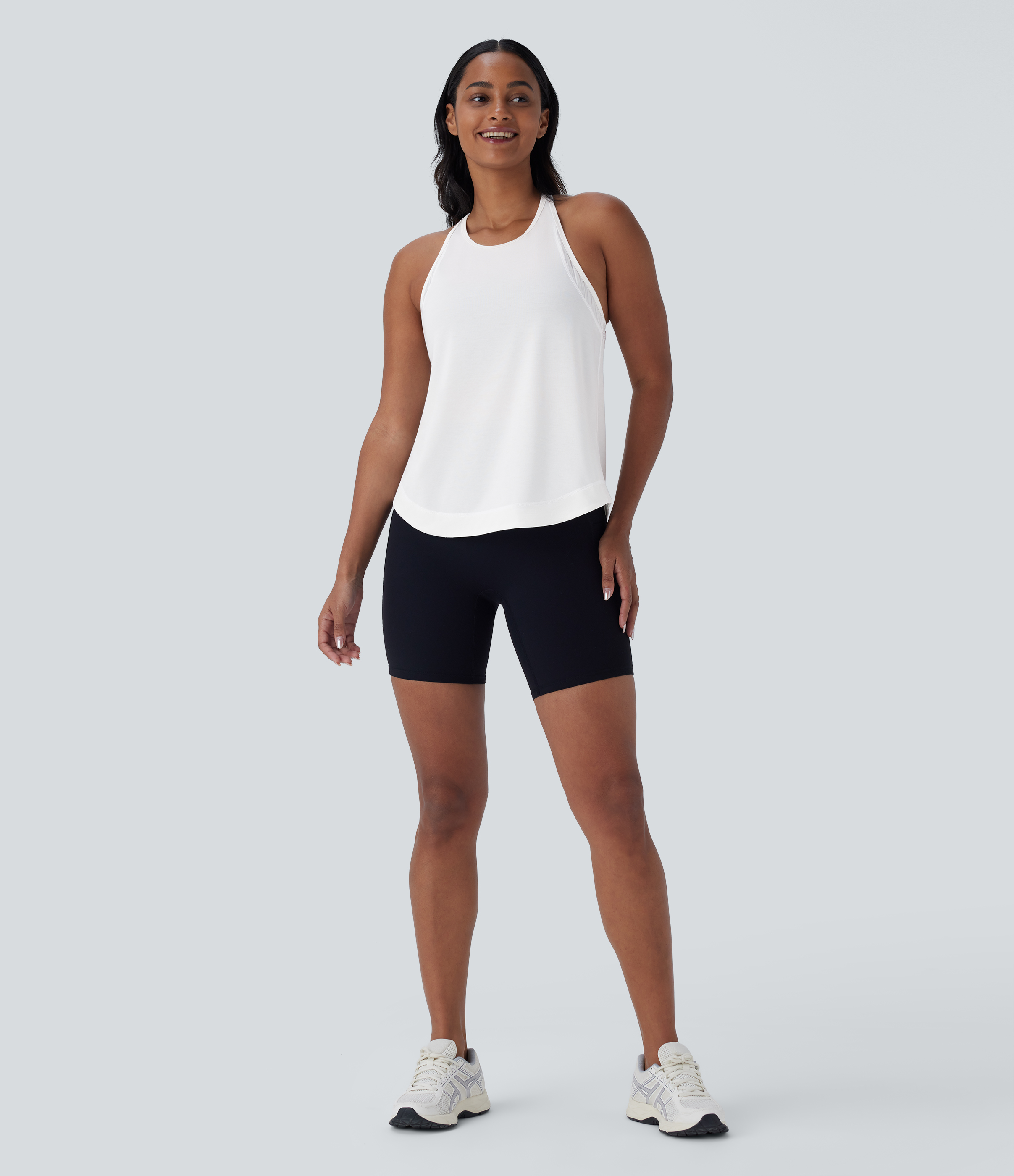 Halara Racerback Curved Hem Stripe Quick Dry Running Tank Top Tank Top - White - S golf tops halter top tunic tops sleeveless tops 