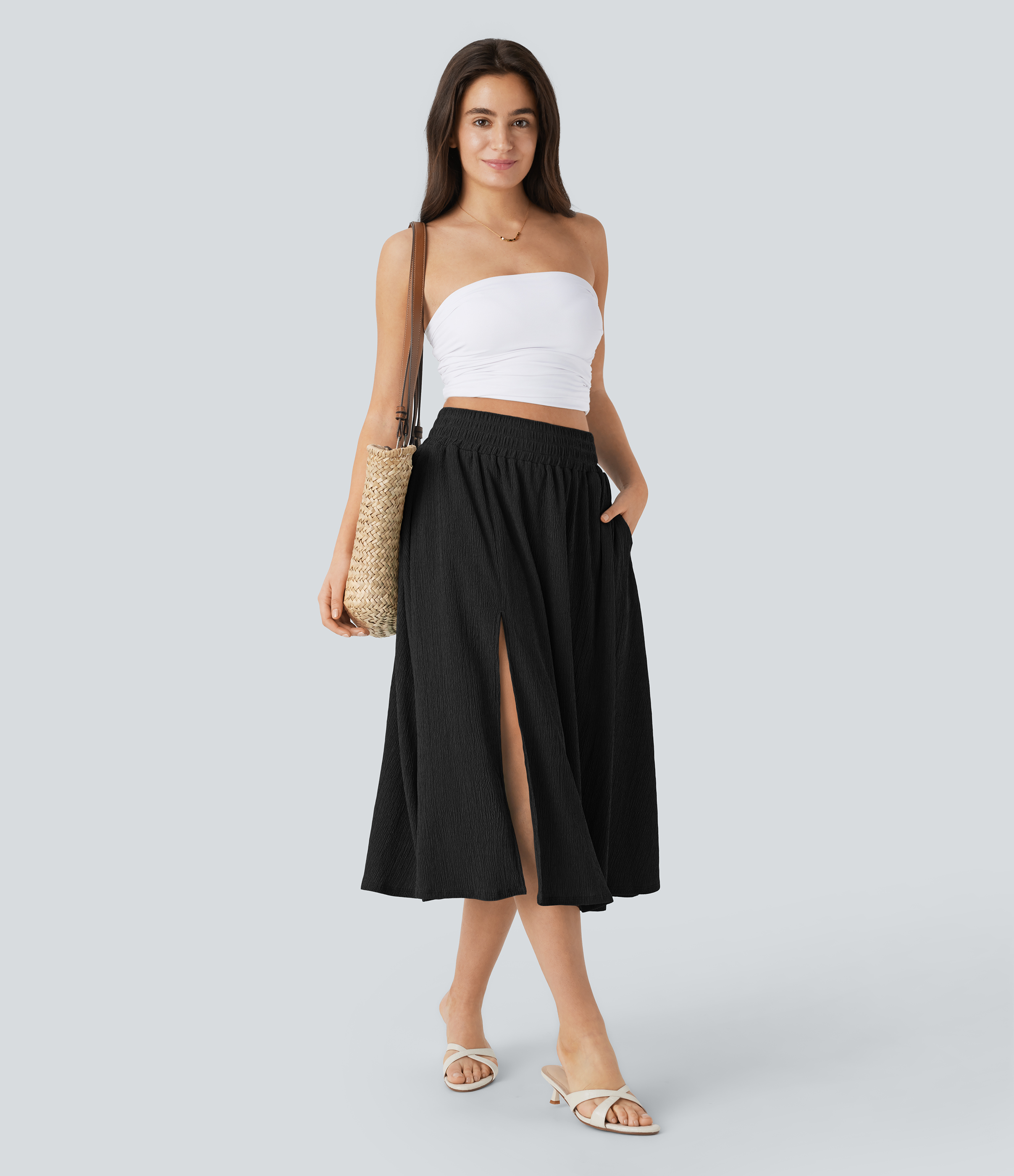 Halara High Waisted Side Pocket Split Midi Resort Skirt  - Black - M(regular) 