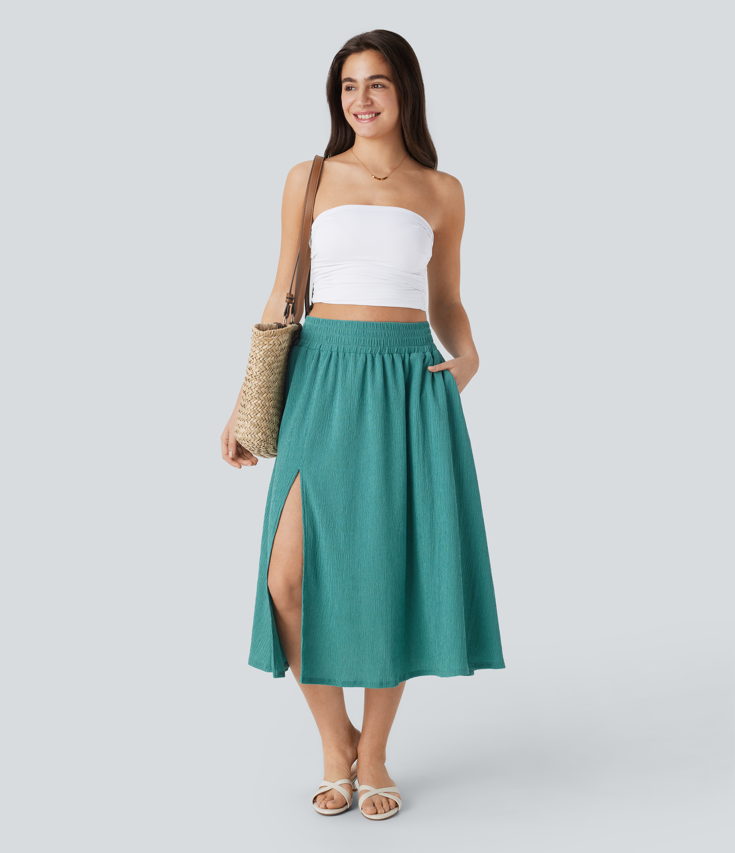 Halara High Waisted Side Pocket Split Midi Resort Skirt  - Wasabi - XS(regular) 