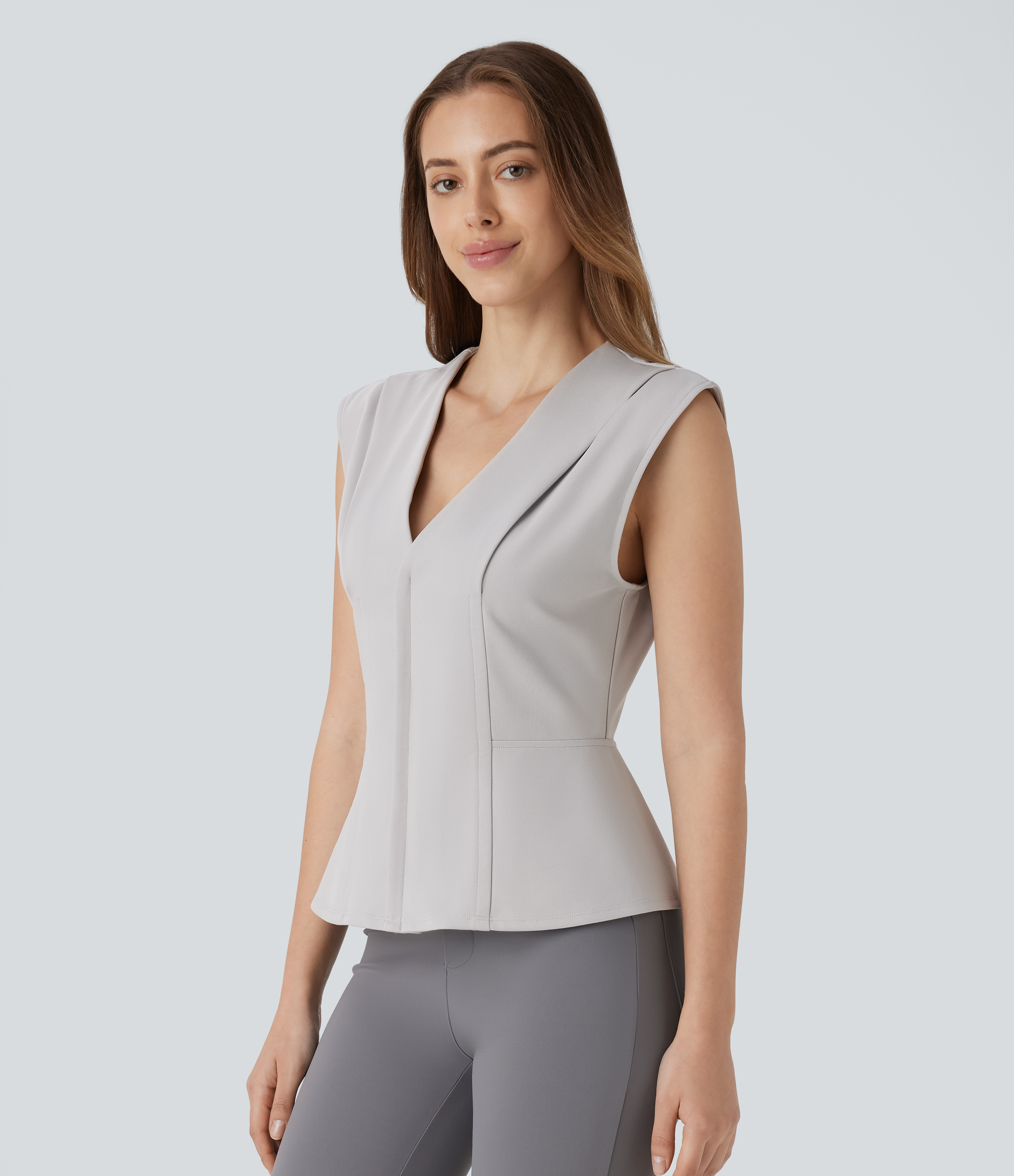 Halara V Neck Sleeveless Slim Work Peplum Top Tank Top - Dawn Blue - L golf tops halter top tunic tops sleeveless tops backless top 
