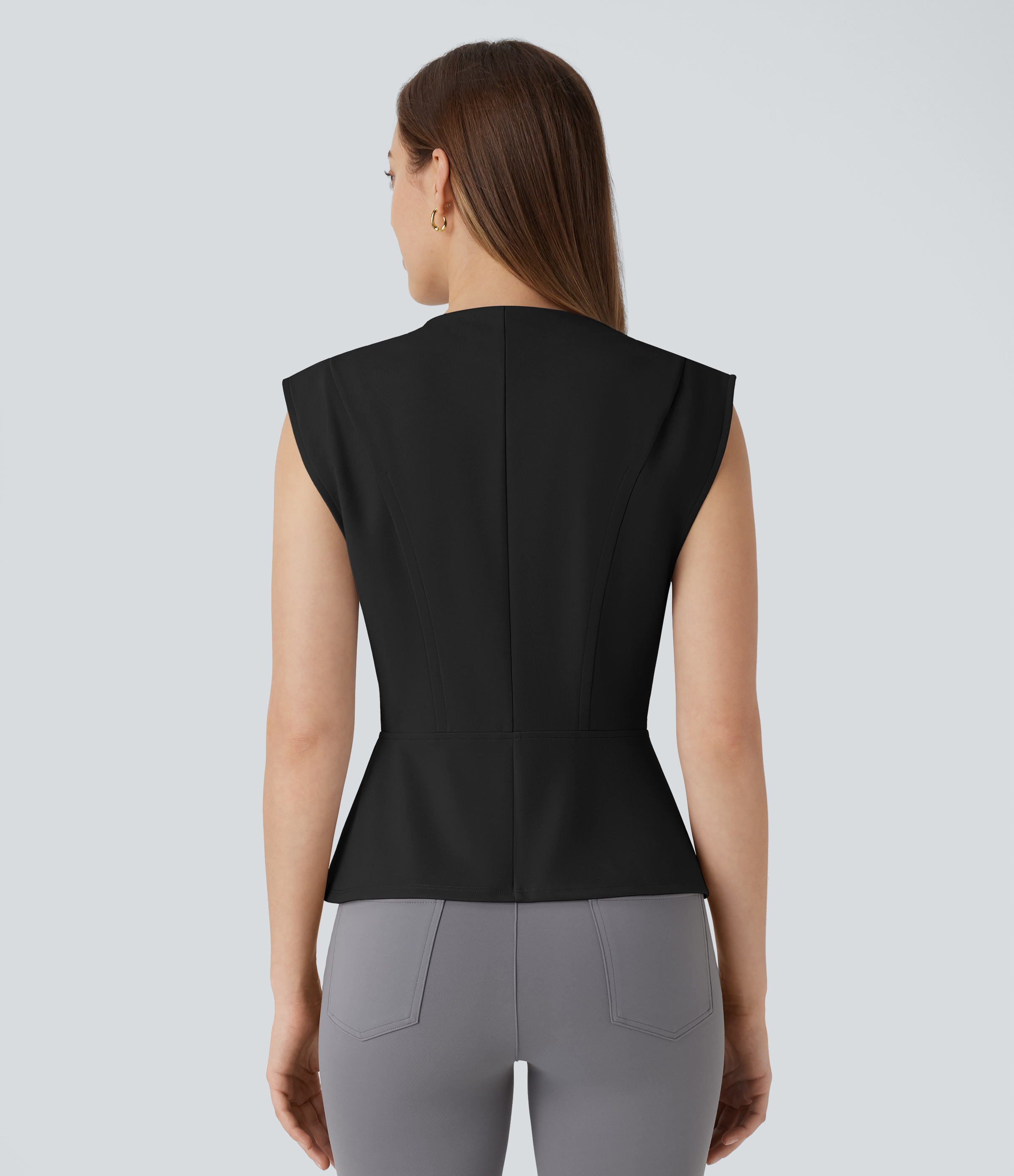 Halara V Neck Sleeveless Slim Work Peplum Top Tank Top - Black - XL golf tops halter top tunic tops sleeveless tops backless top 