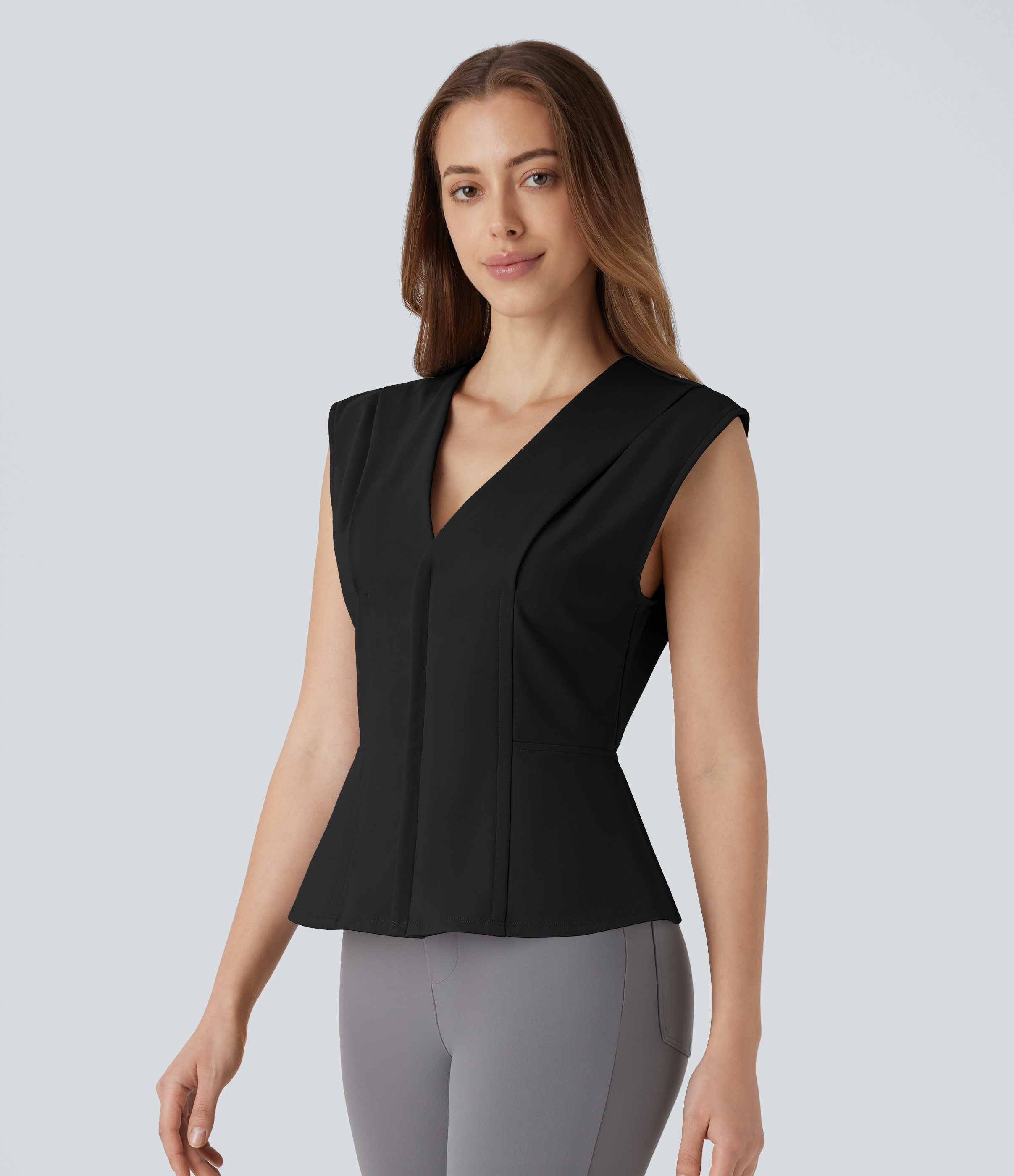 Halara V Neck Sleeveless Slim Work Peplum Top Tank Top - Black - XL golf tops halter top tunic tops sleeveless tops backless top 