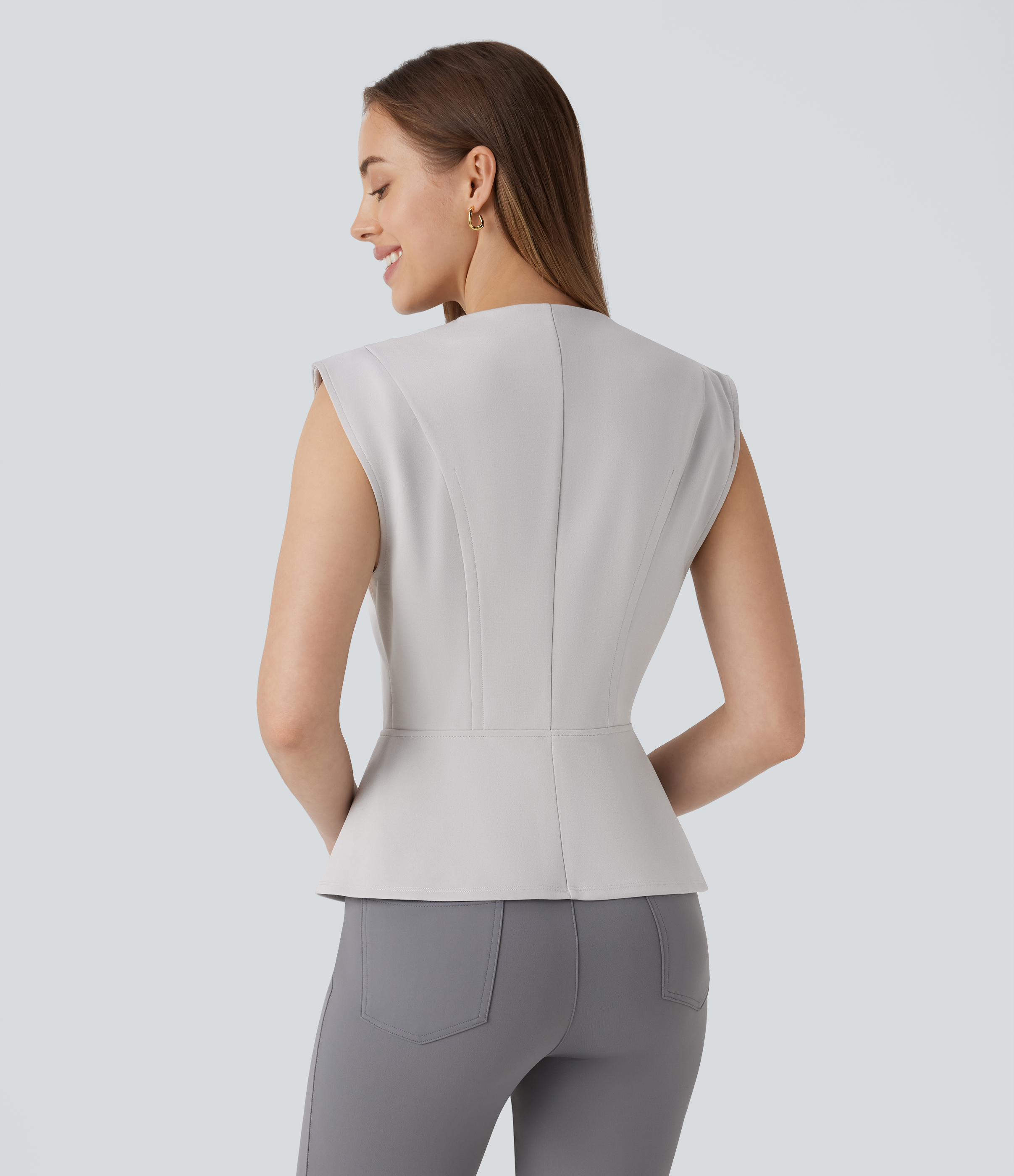 Halara V Neck Sleeveless Slim Work Peplum Top Tank Top - Dawn Blue - L golf tops halter top tunic tops sleeveless tops backless top 
