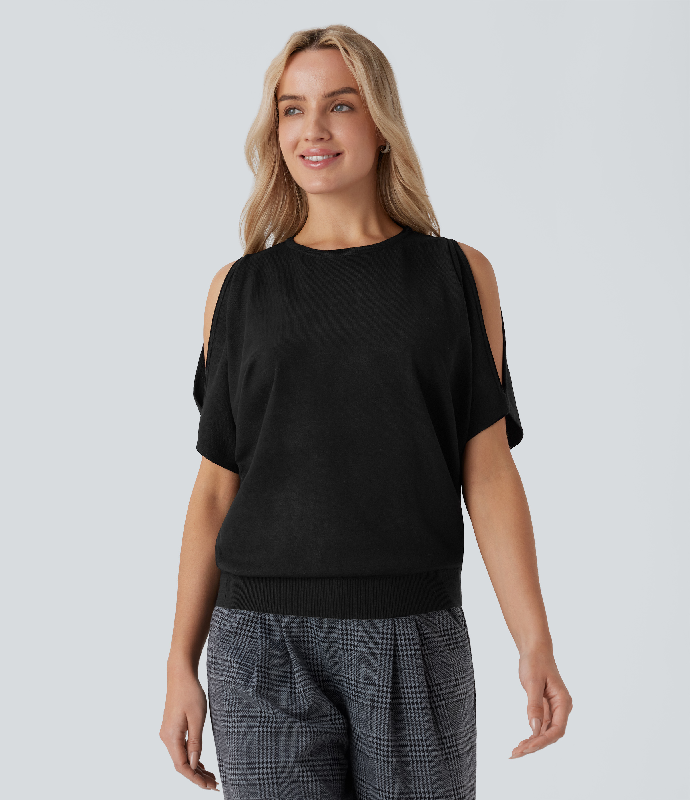 Round Neck Cold Shoulder Short Sleeve Work Sweater