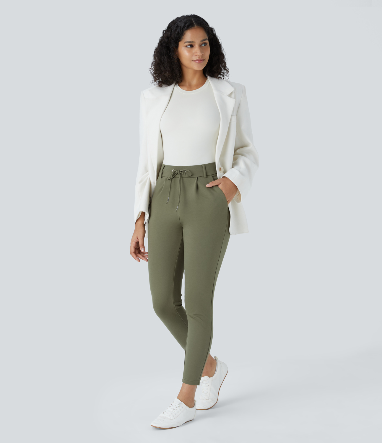 Halara HalaraFlexв„ў Mid Rise Drawstring Side Pocket Ankle Length Work Tapered Pants  - Oil Green - XS(regular) sweatpants jogger pants 