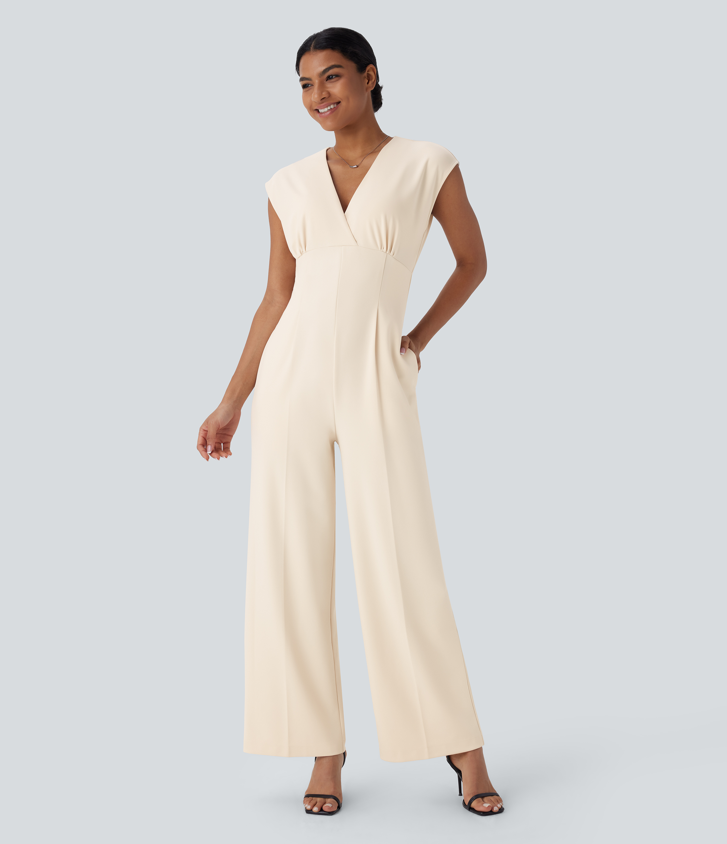 V Neck Cap Sleeve Pocket Work Jumpsuit