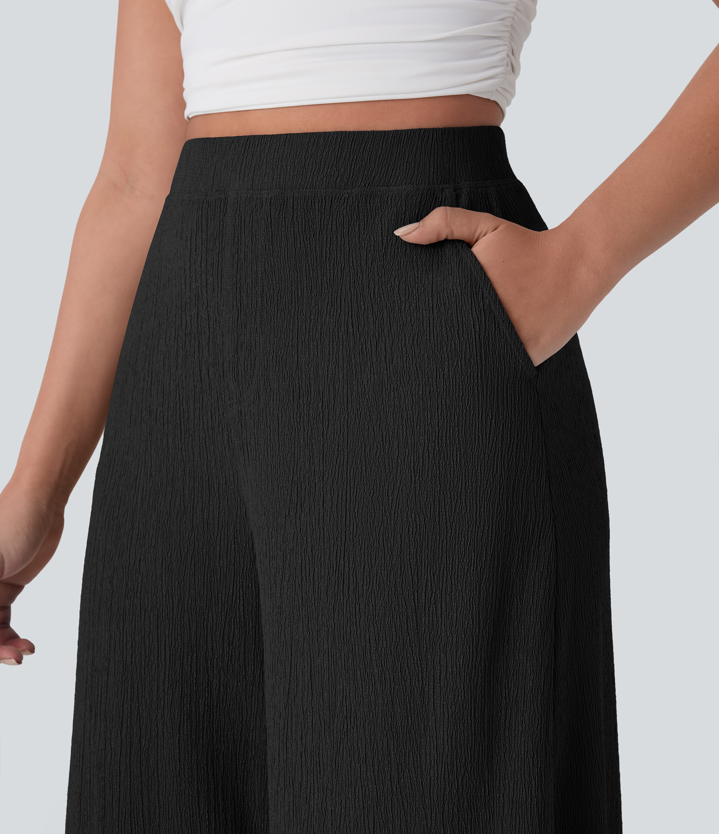 Halara High Waisted Side Pocket Wide Leg Flowy Casual Pants  - Black - XS(regular) sweatpants jogger pants stacked sweatpants cargo joggers 