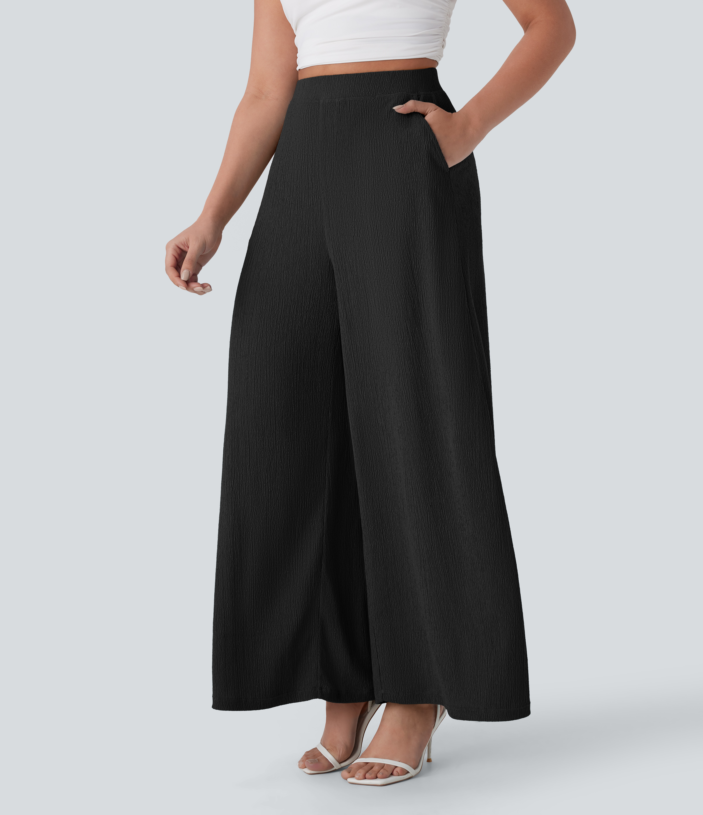 Halara High Waisted Side Pocket Wide Leg Flowy Casual Pants  - Black - XS(regular) sweatpants jogger pants stacked sweatpants cargo joggers 