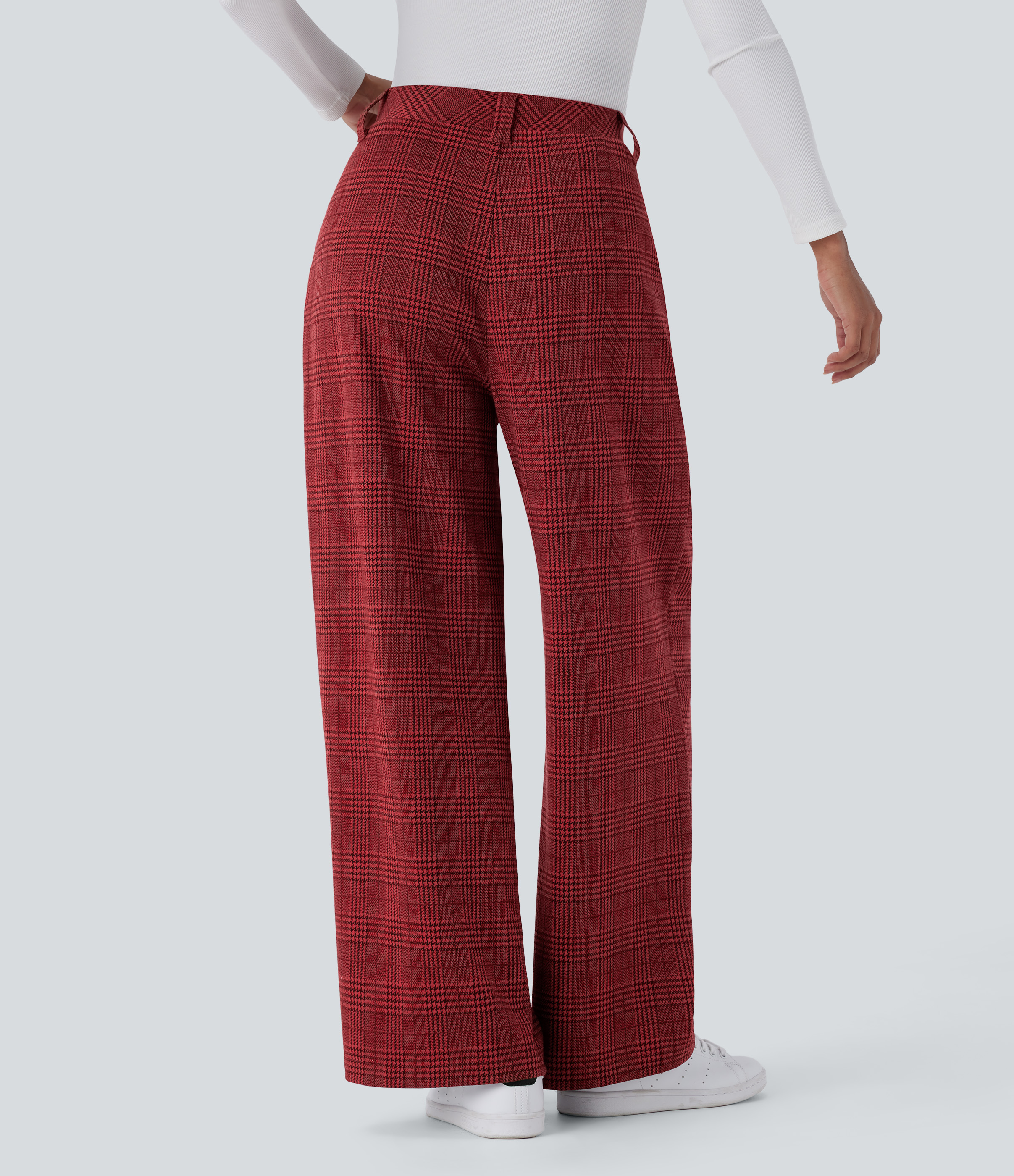 Halara High Waisted Side Pocket Wide Leg Houndstooth Plaid Casual Pants  - Burgundy Houndstooth Pattern - L(regular) sweatpants jogger pants 