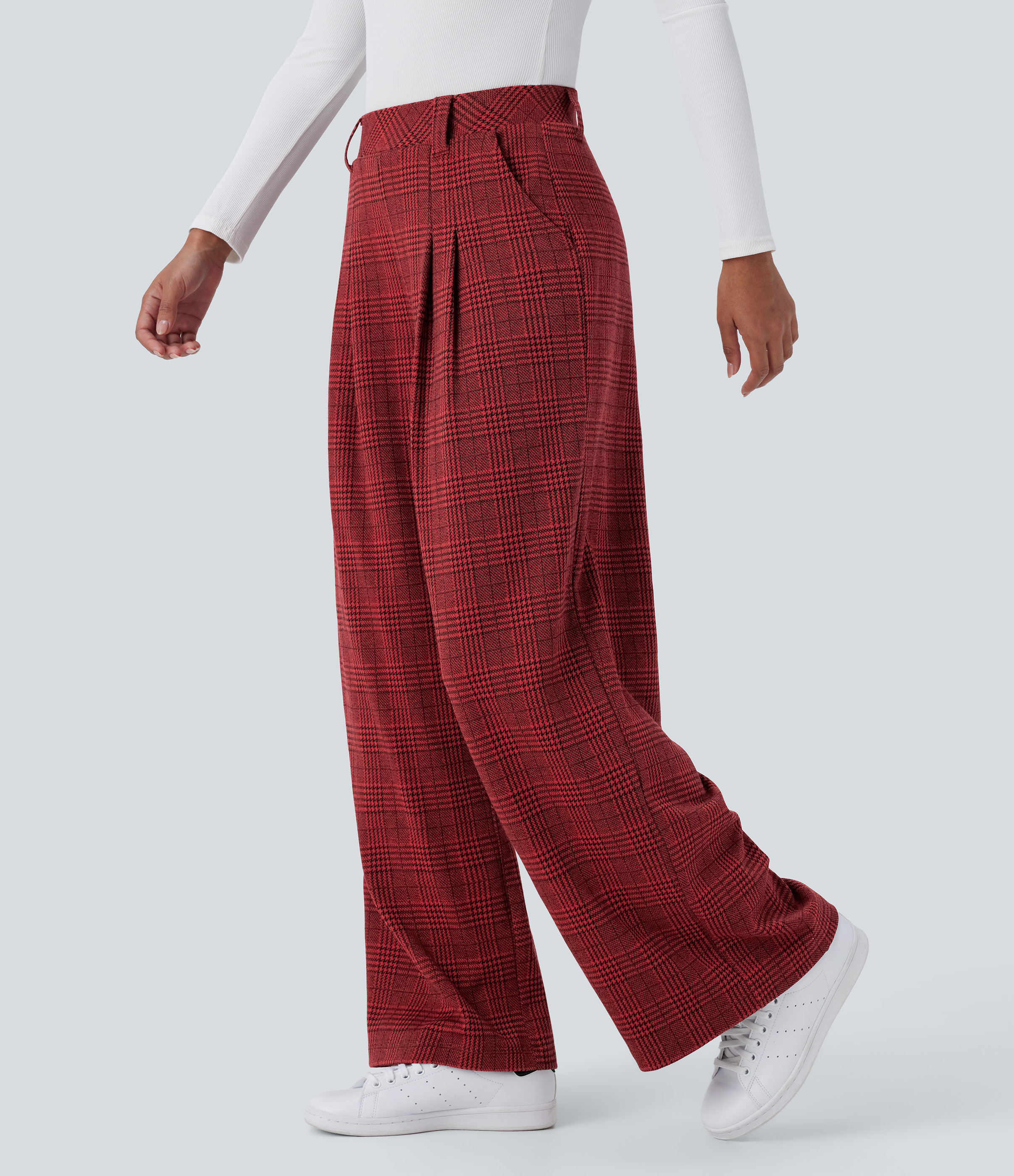 Halara High Waisted Side Pocket Wide Leg Houndstooth Plaid Casual Pants  - Burgundy Houndstooth Pattern - L(regular) sweatpants jogger pants 