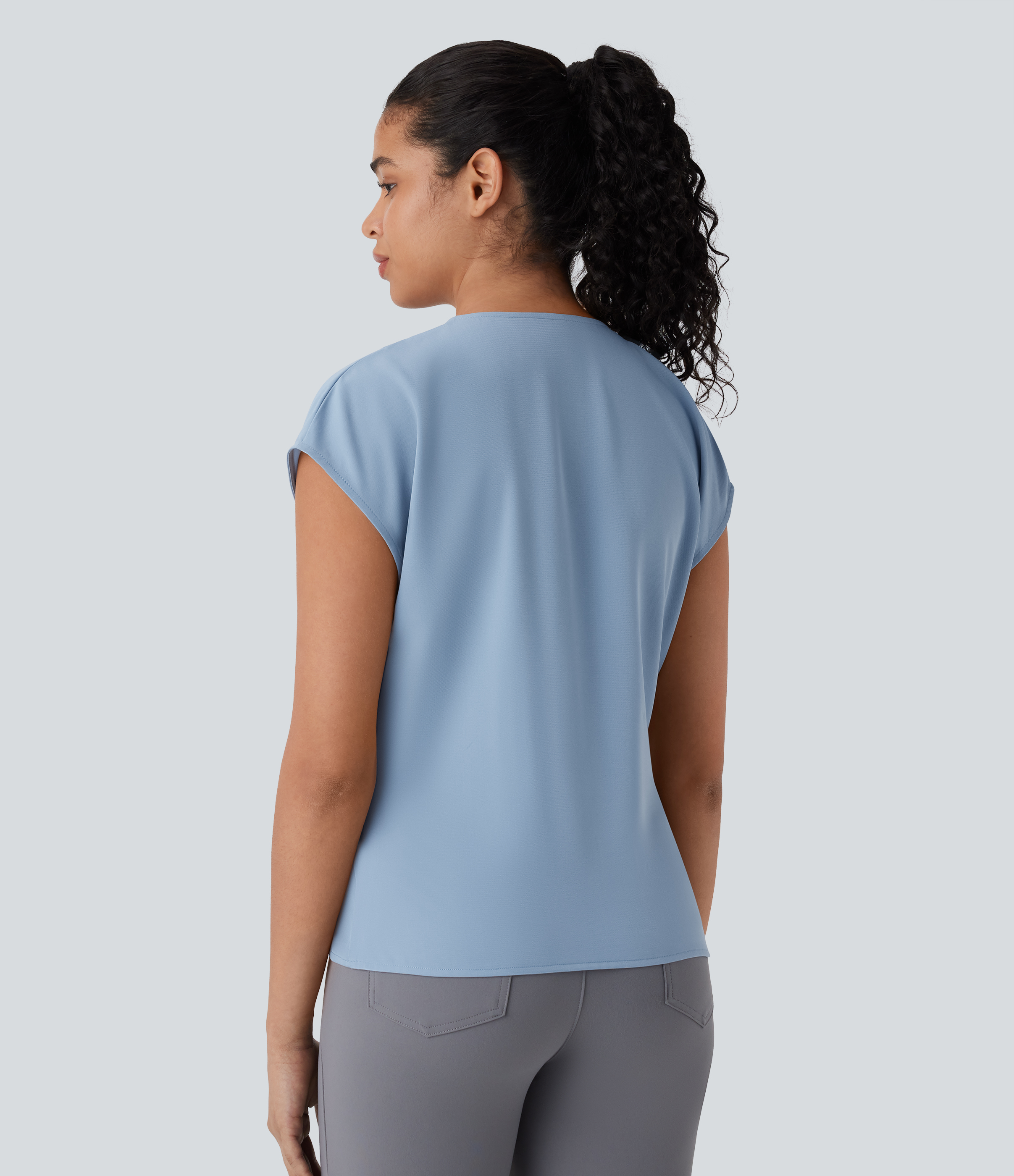 Halara V Neck Short Sleeve Wrapped Ruched Work Blouse  - Skyride - XL 