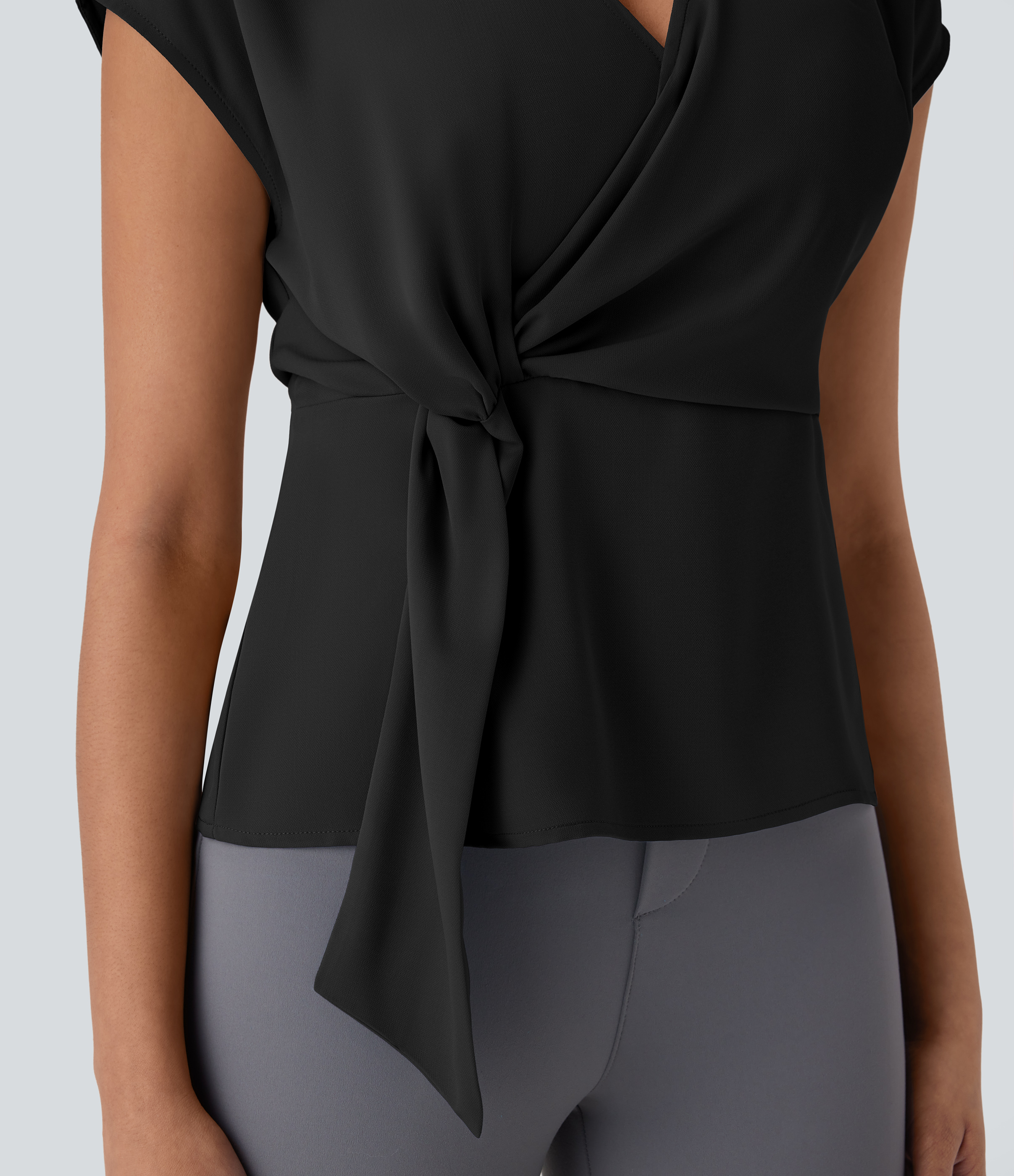 Halara V Neck Short Sleeve Wrapped Ruched Work Blouse  - Black - XS 