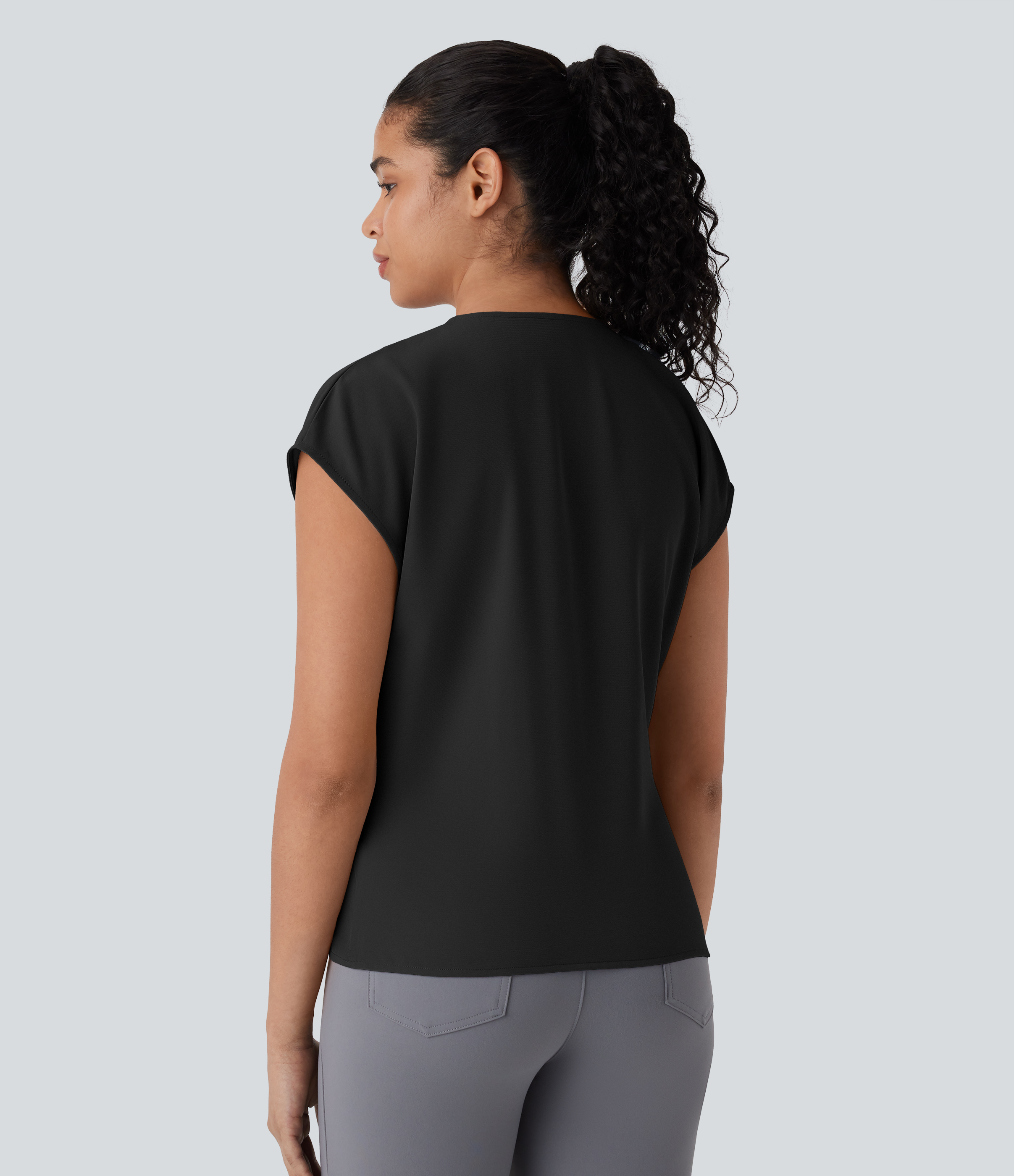 Halara V Neck Short Sleeve Wrapped Ruched Work Blouse  - Black - XS 