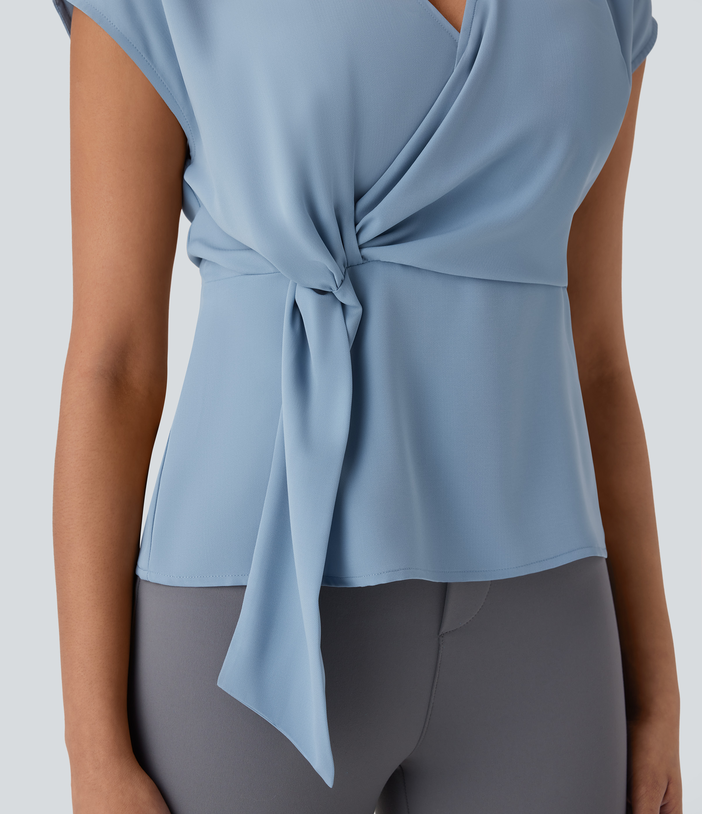 Halara V Neck Short Sleeve Wrapped Ruched Work Blouse  - Skyride - XL 