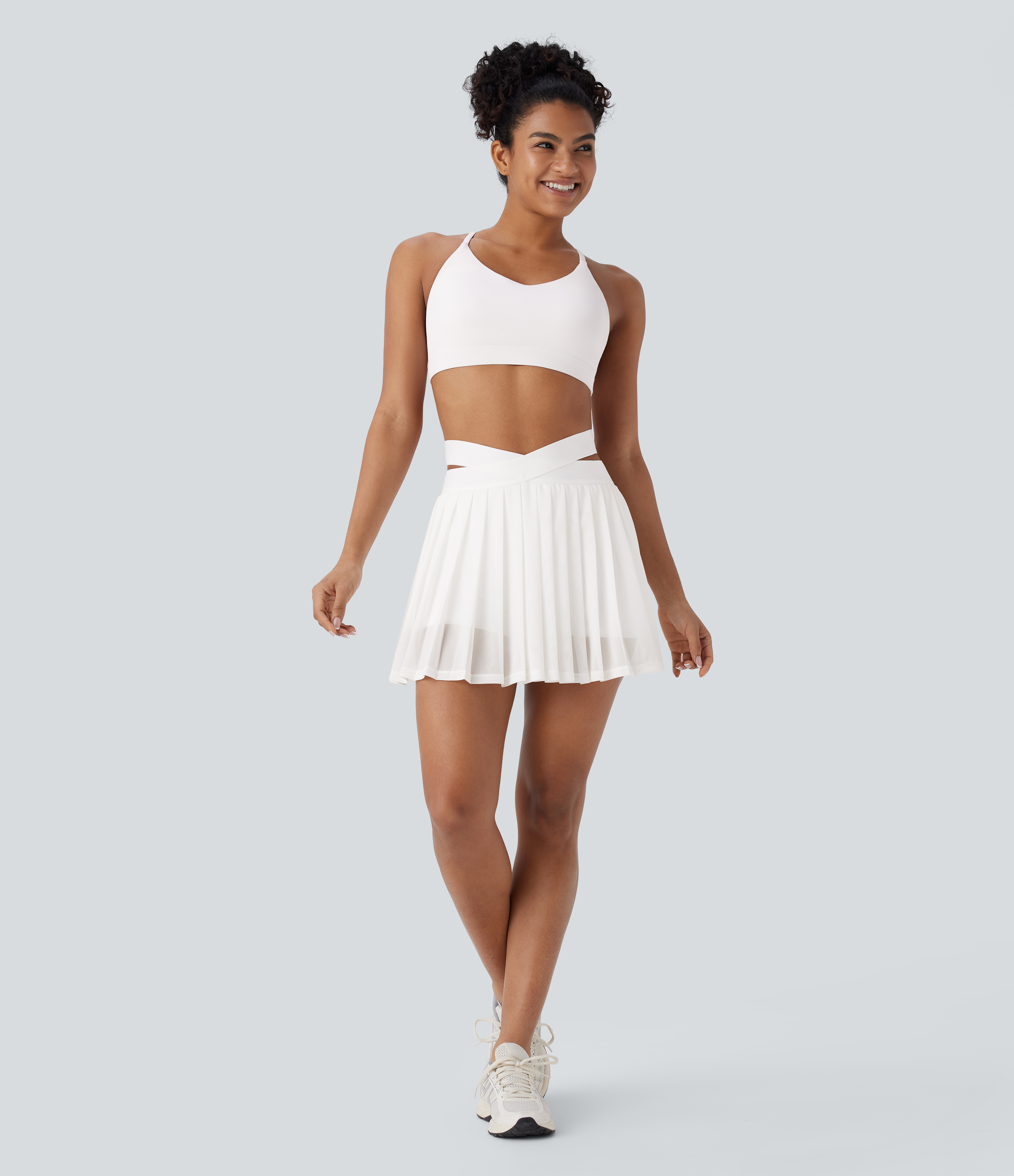 Halara High Waisted Crossover 2-in-1 Side Pocket Contrast Mesh Pleated Mini Yoga Skirt  - White - S(regular) midi skirt a line skirt 