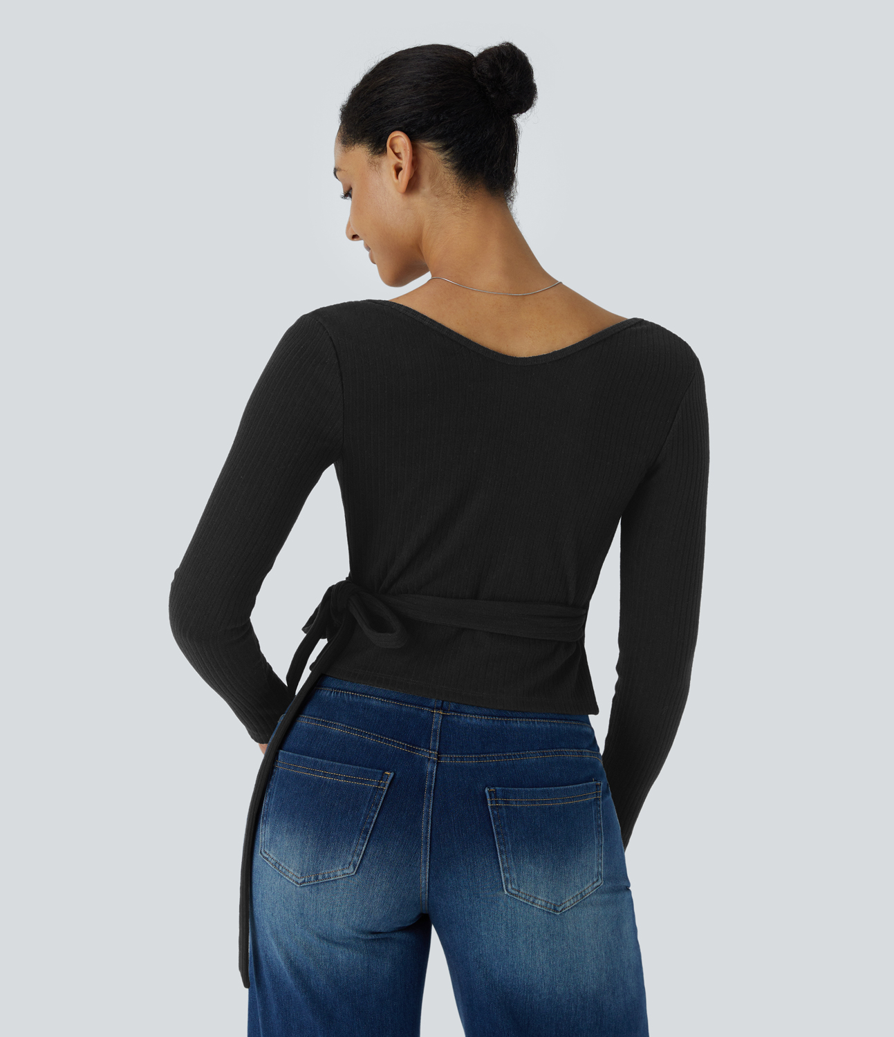 Halara Ribbed Knit V Neck Wrapped Tie Side Long Sleeve Casual Sweater  - Black - M 