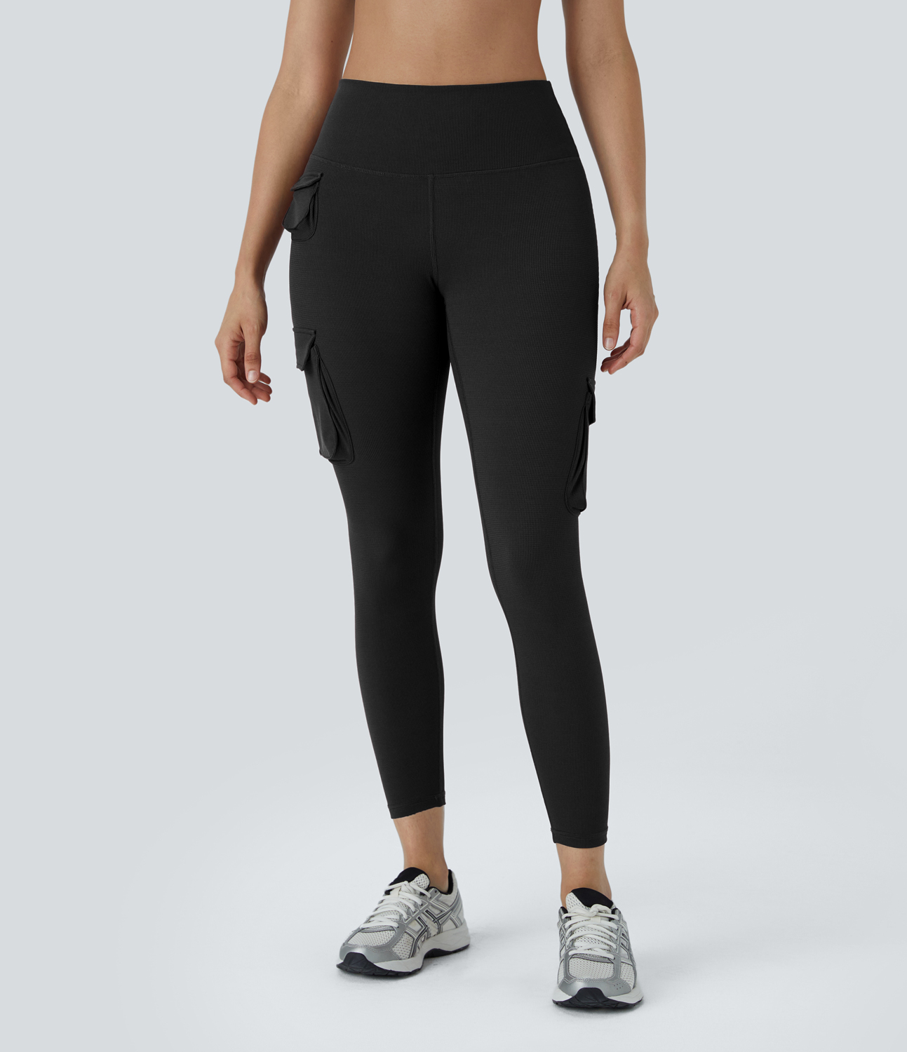 Halara High Waisted Multiple Pockets Waffle 7/8 Yoga Leggings  - Black - XS(7/8) gym leggings leggings with pockets leggings with butt lift 