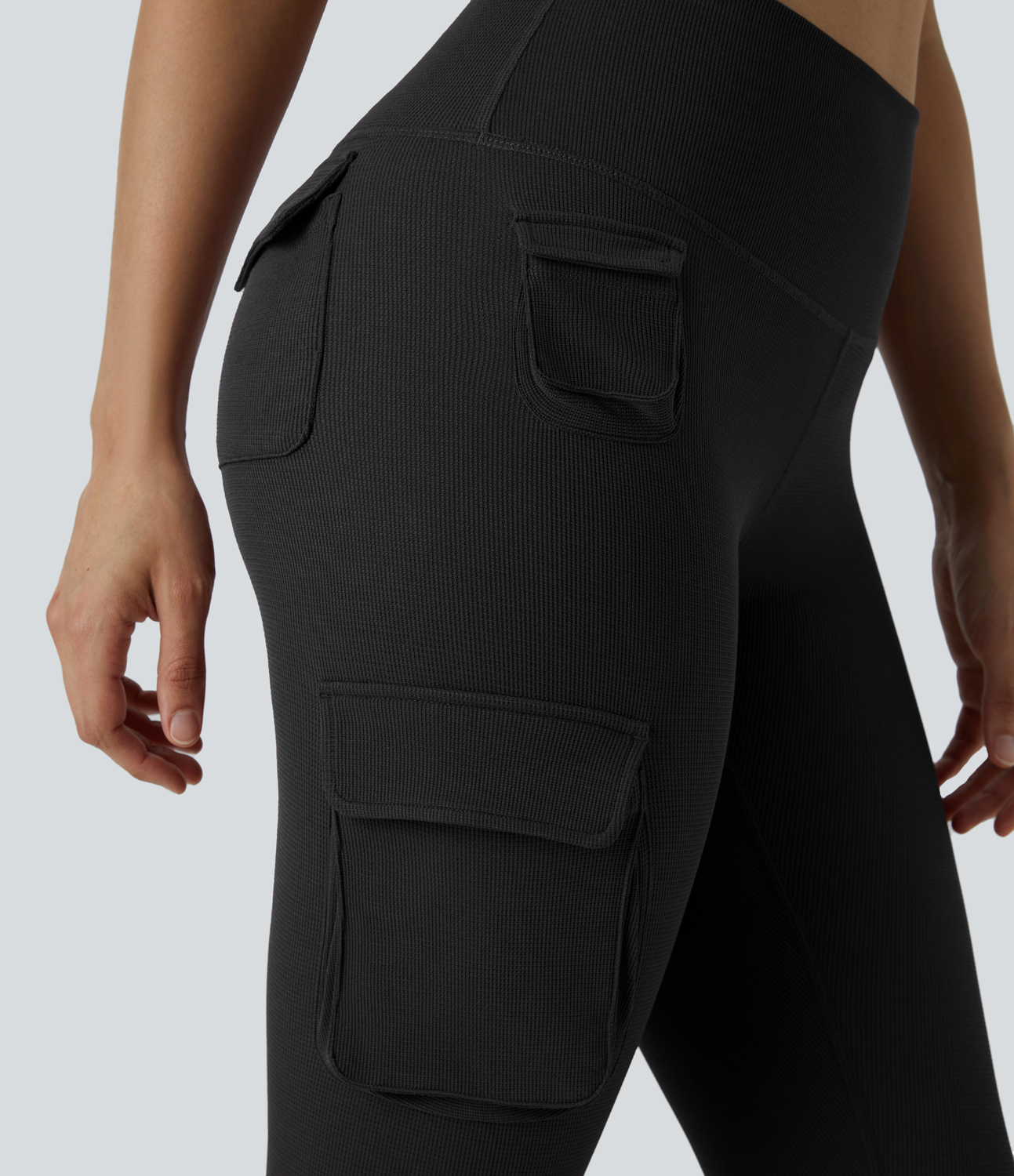 Halara High Waisted Multiple Pockets Waffle 7/8 Yoga Leggings  - Black - XS(7/8) gym leggings leggings with pockets leggings with butt lift 