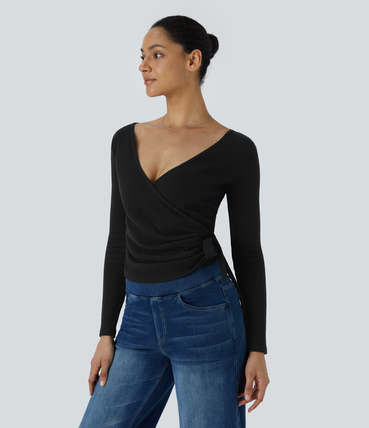 Halara Ribbed Knit V Neck Wrapped Tie Side Long Sleeve Casual Sweater  - Black - M 