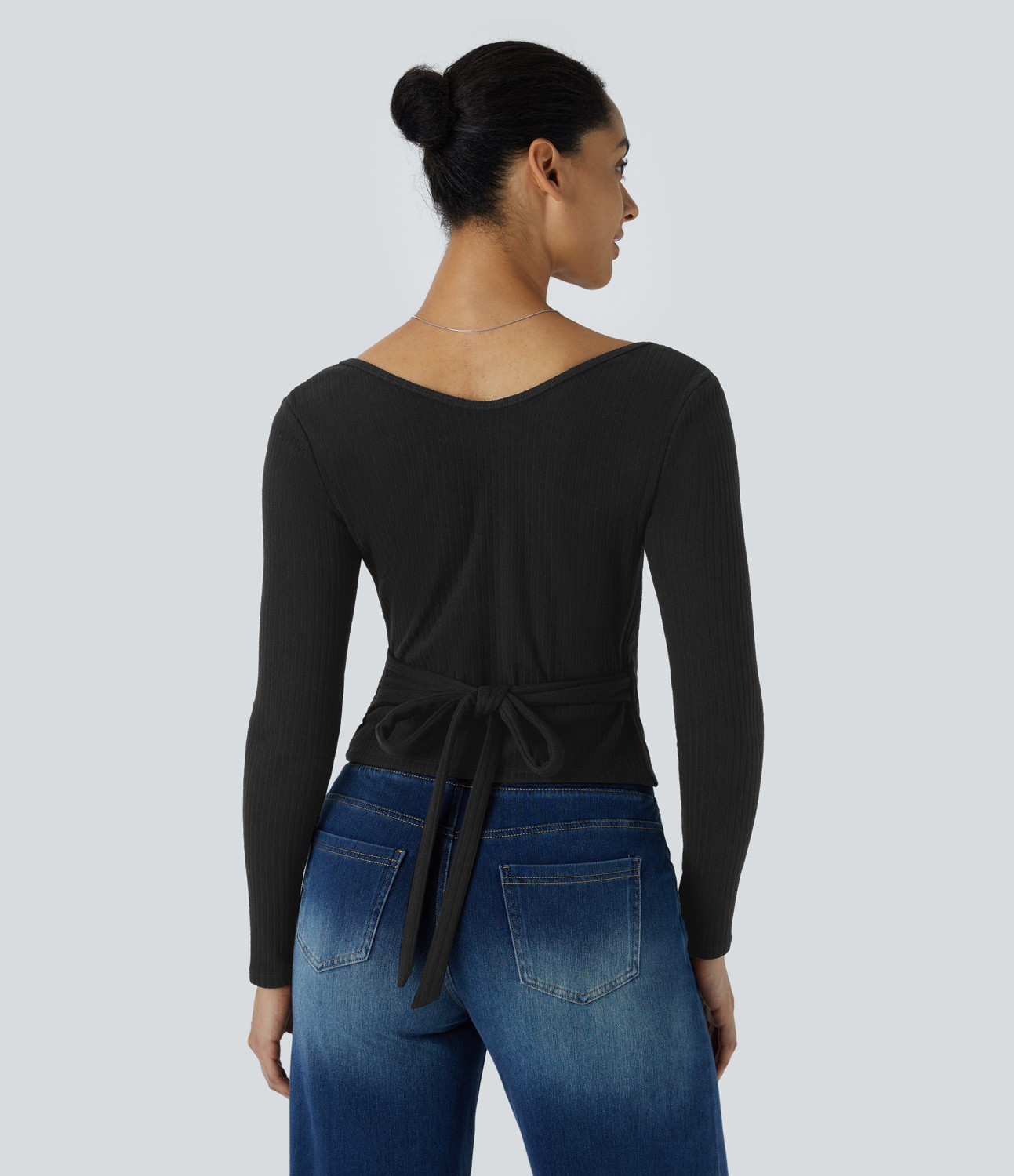 Halara Ribbed Knit V Neck Wrapped Tie Side Long Sleeve Casual Sweater  - Black - M 