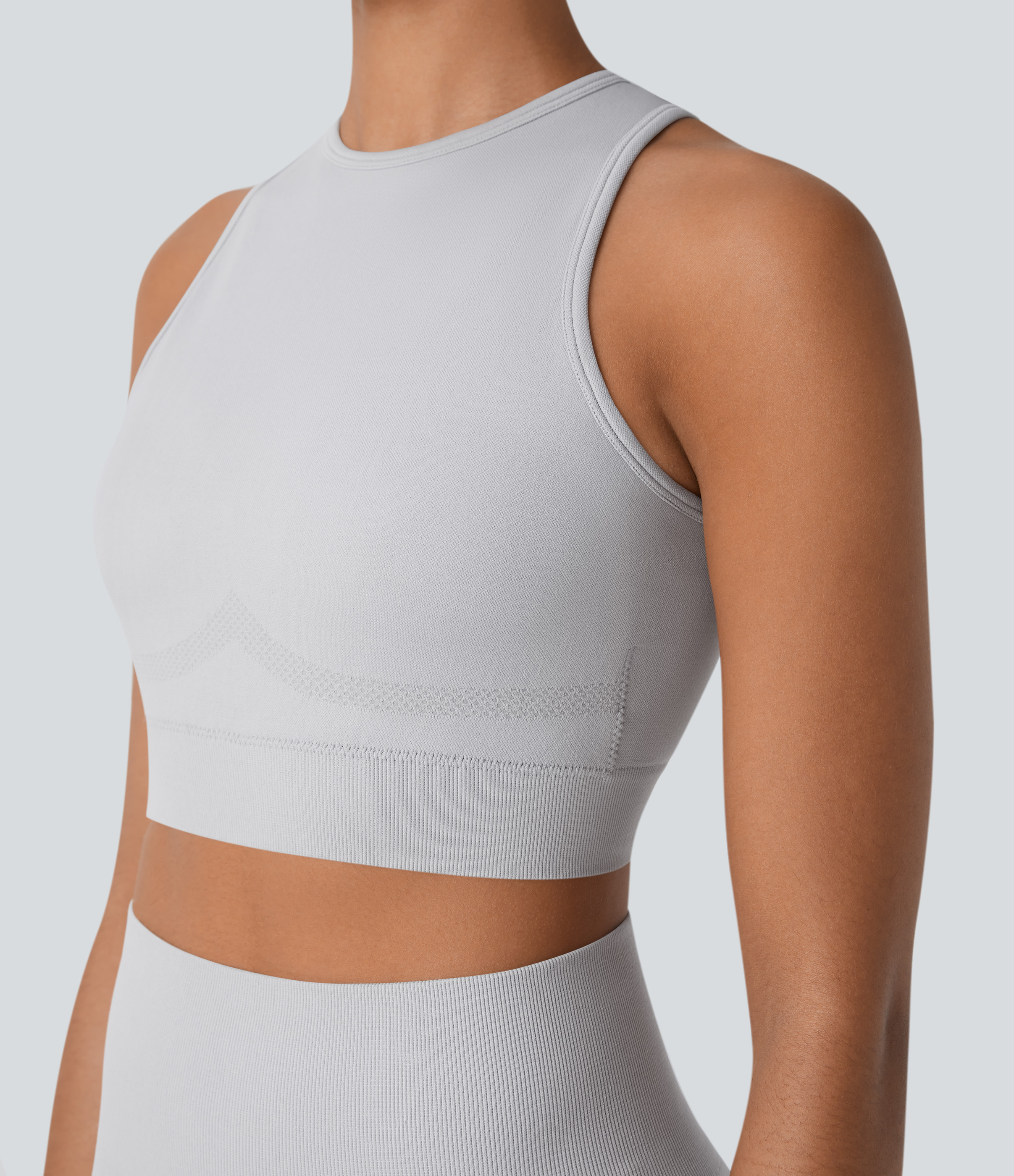 Halara Seamless Flow Round Neck Racerback Cropped Skinny Yoga Tank Top Tank Top - Nimbus Cloud - XS golf tops halter top tunic tops 