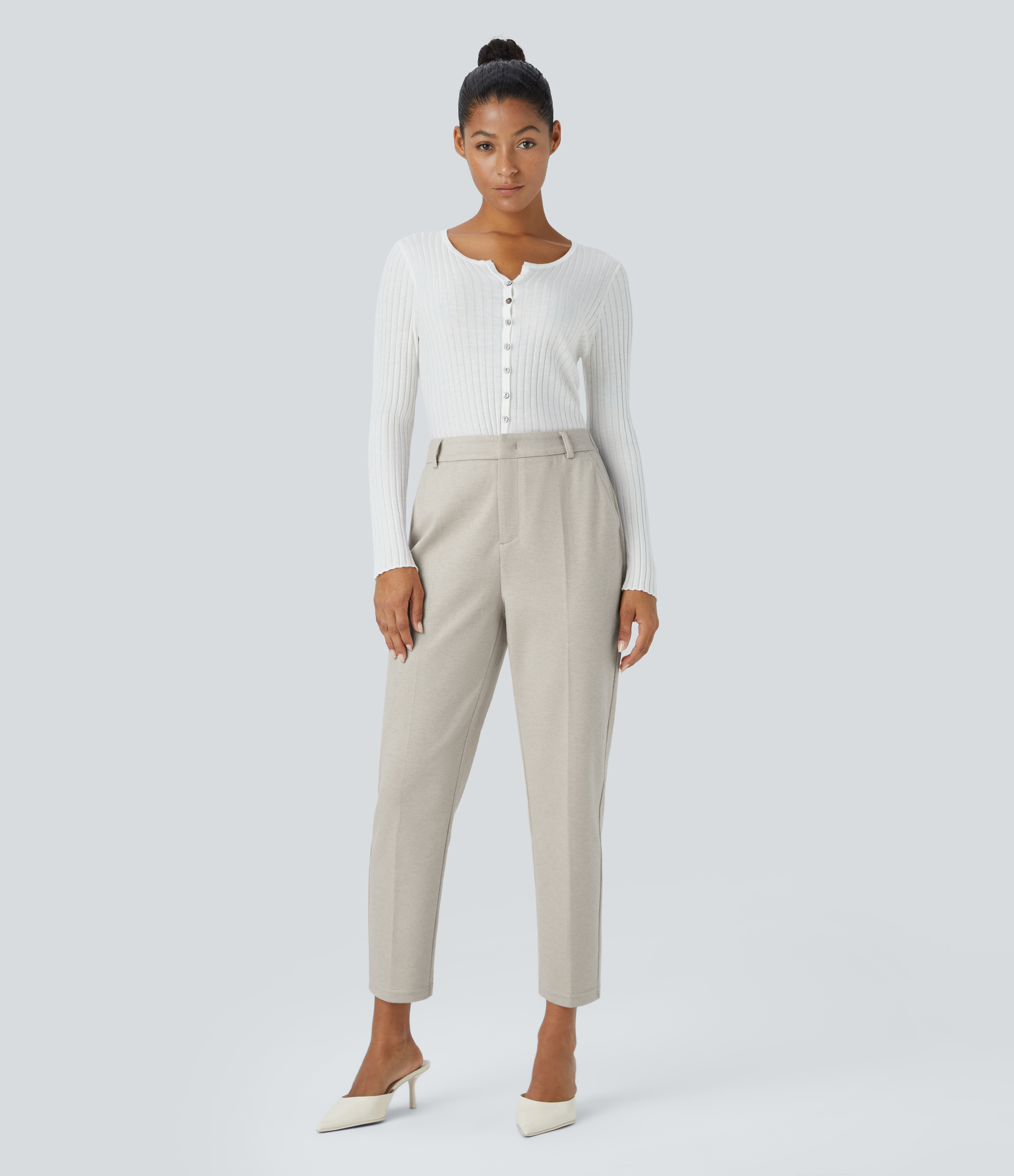Halara High Waisted Button Zipper Side Pocket Work Pants  - Earth Tile Gray - XL(regular) sweatpants jogger pants stacked sweatpants 