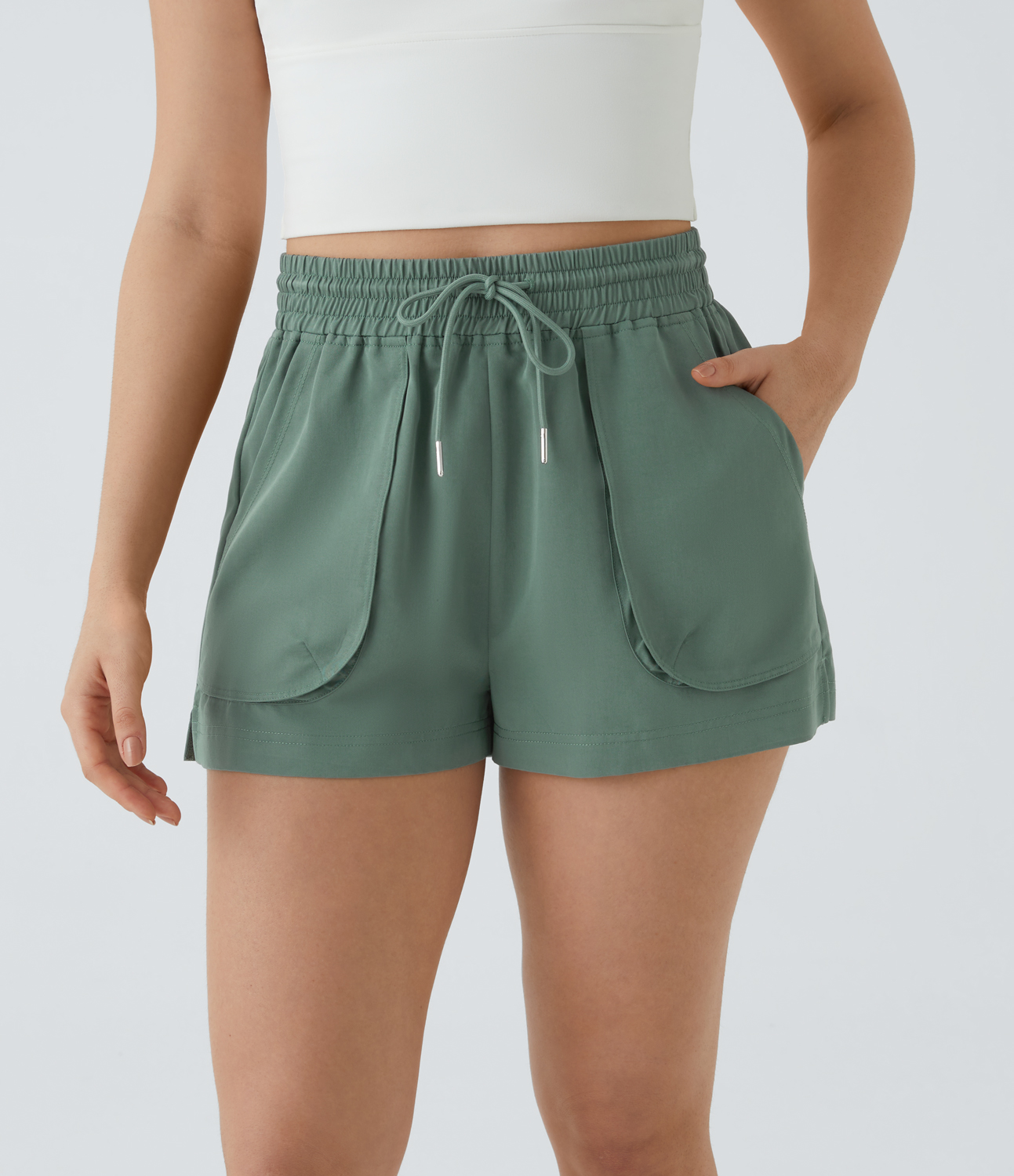 

Halara High Waisted Drawstring Side Pocket Split Casual Shorts - Crab Shell Green