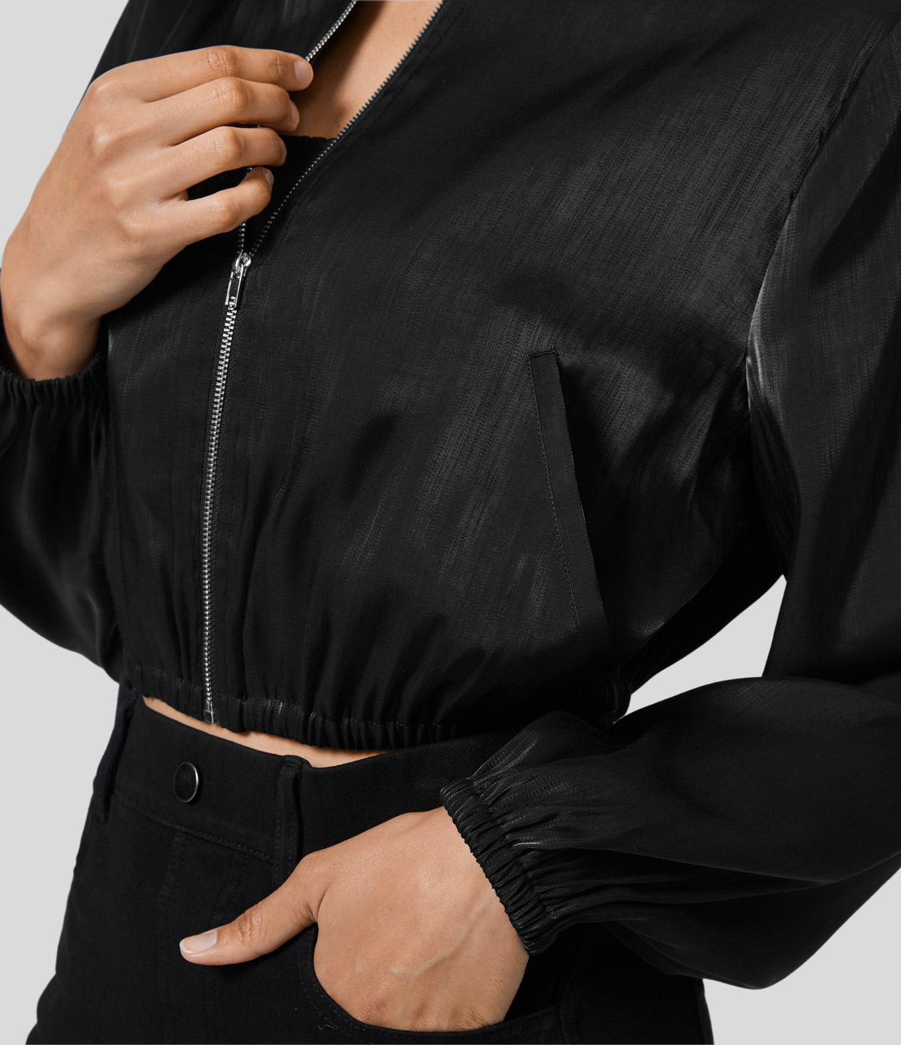 Halara Side Pocket Zipper Shine Casual Bomber Jacket  - Black - L 