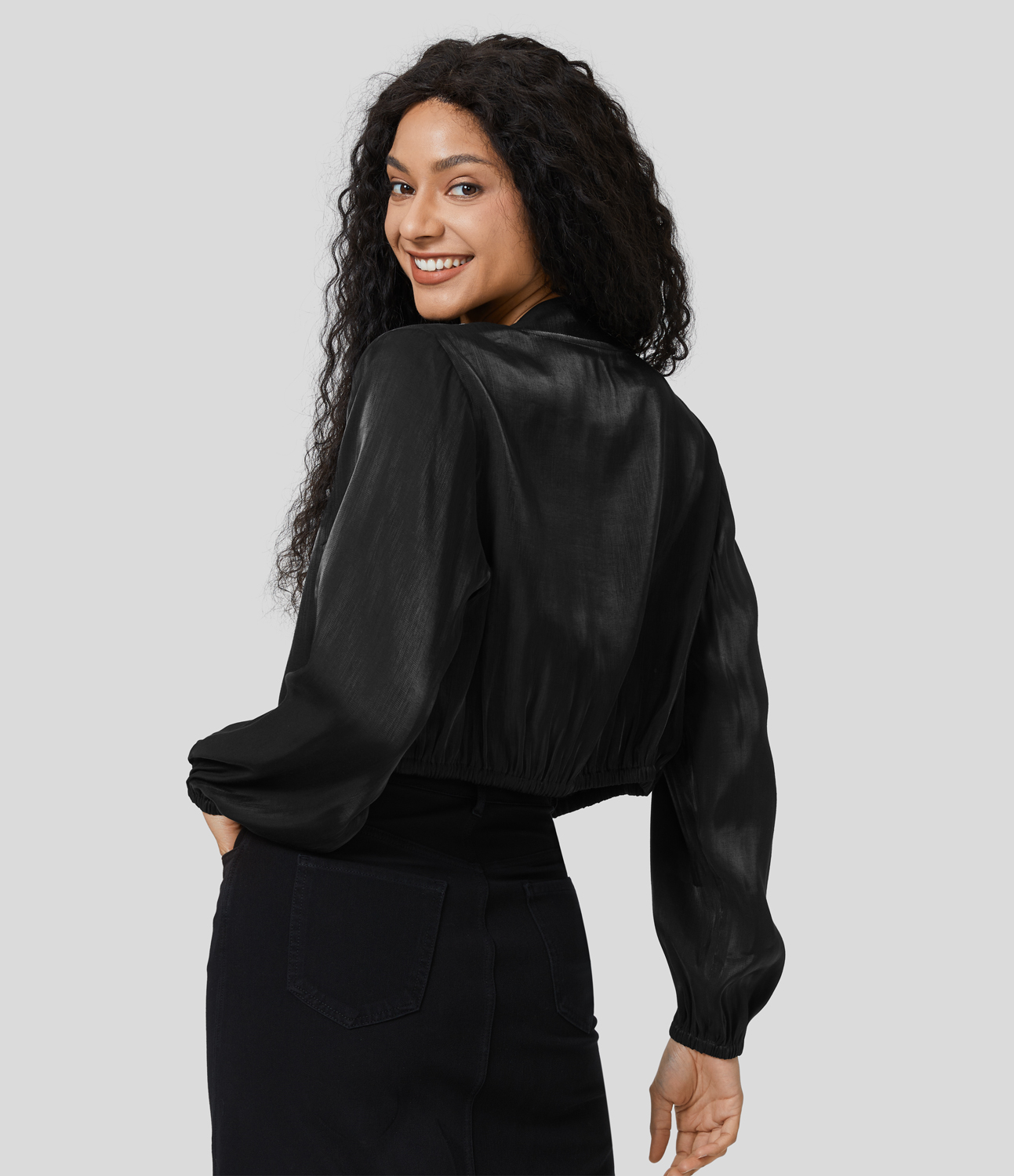 Halara Side Pocket Zipper Shine Casual Bomber Jacket  - Black - L 