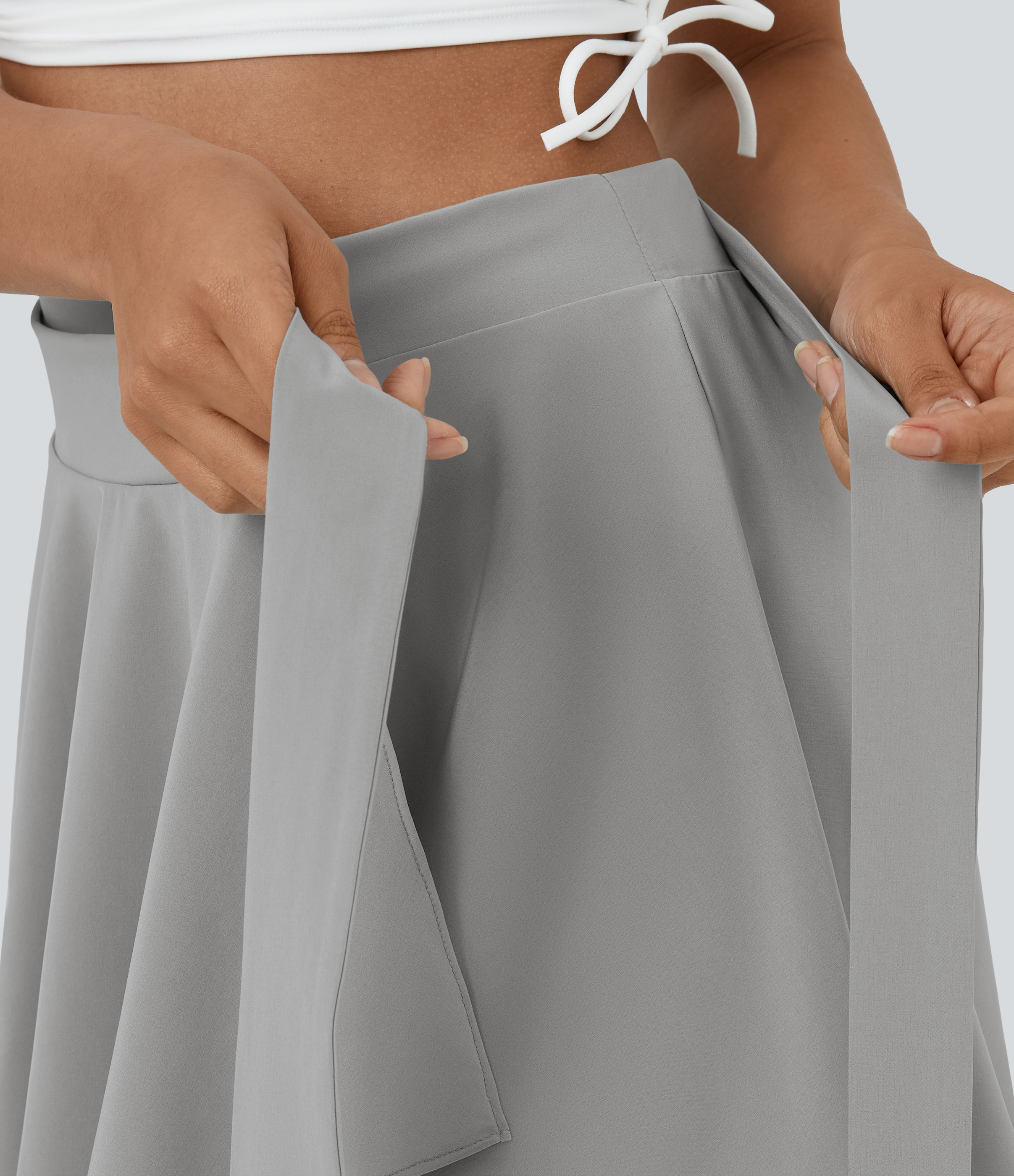 Halara Breezefulв„ў High Waisted Tie Side 2-in-1 Side Pocket Flowy Micro Mini Flare Quick Dry Casual Skirt  - Ghost Gray - XL(regular) 