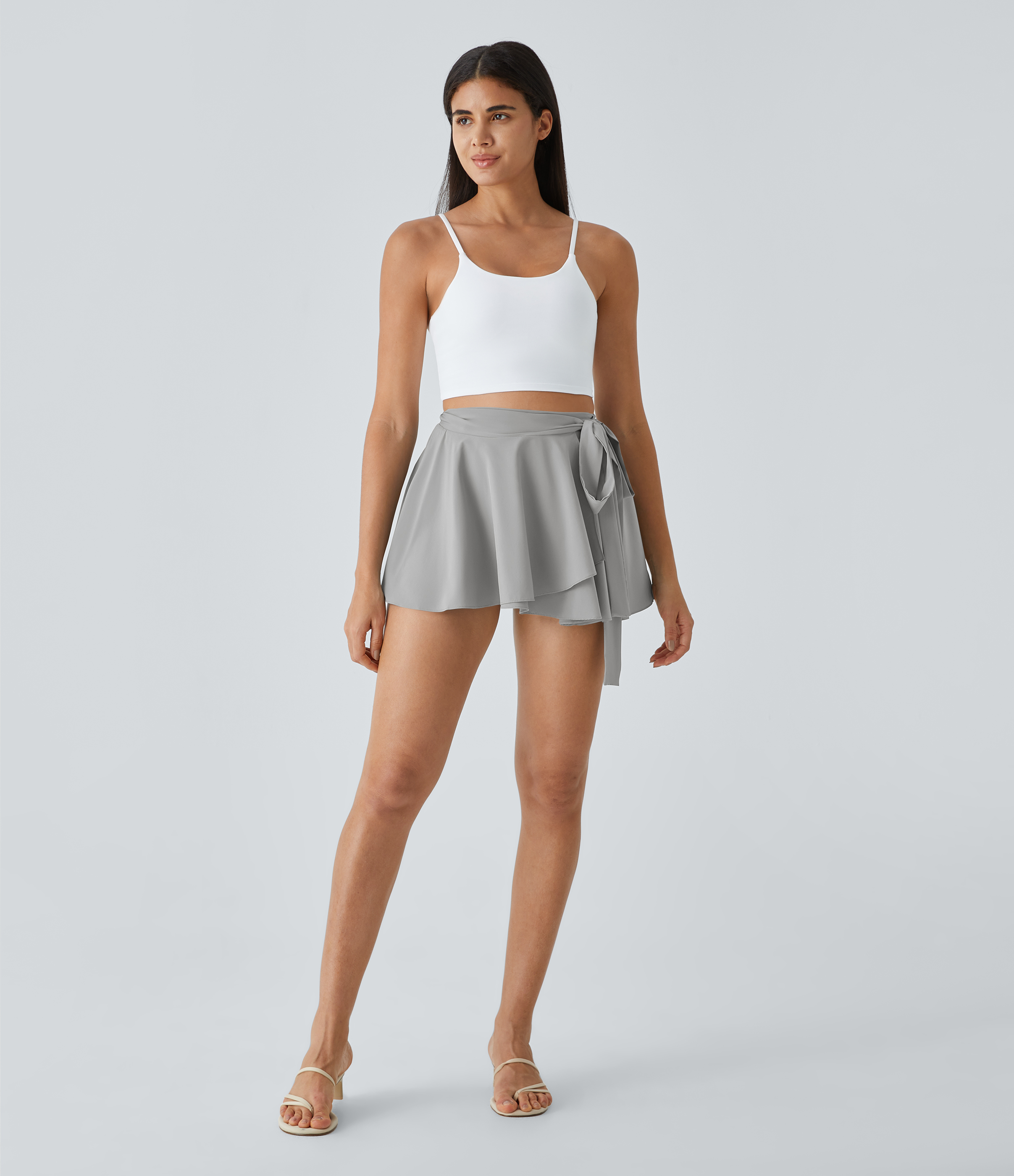 Halara Breezefulв„ў High Waisted Tie Side 2-in-1 Side Pocket Flowy Micro Mini Flare Quick Dry Casual Skirt  - Ghost Gray - XL(regular) 