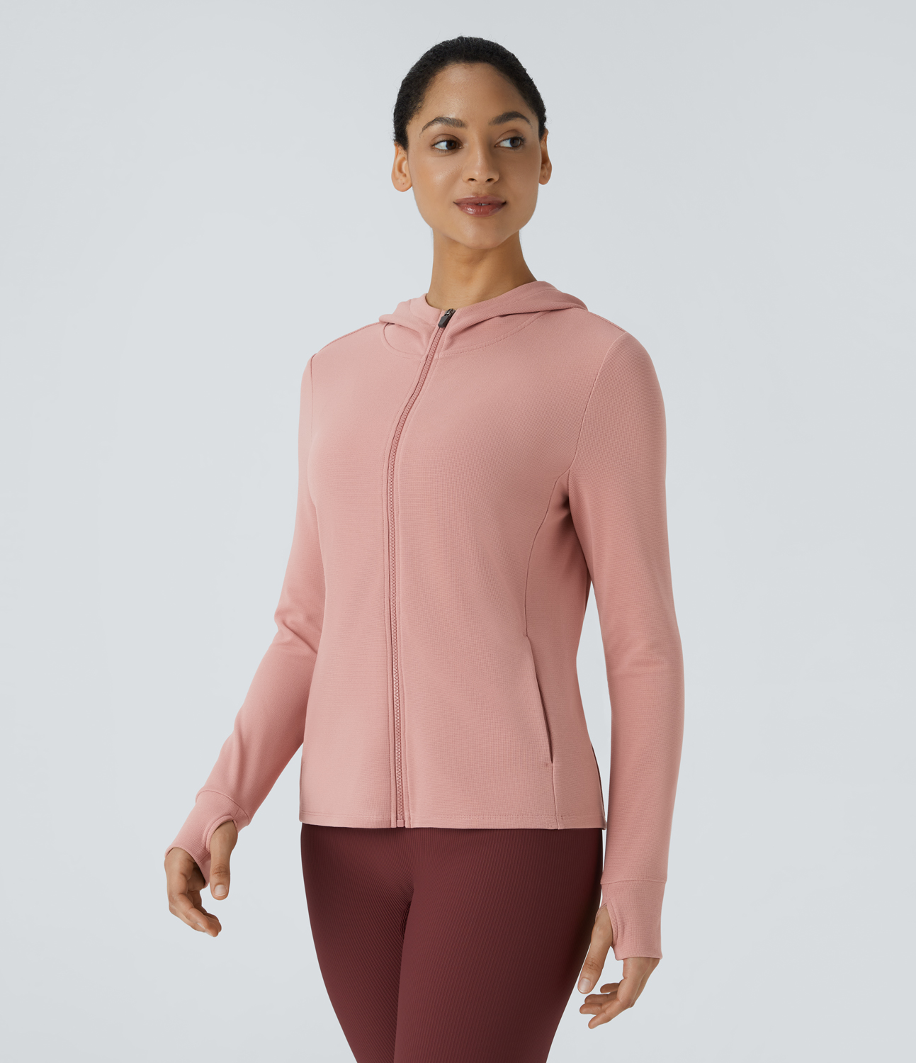 Halara Hooded Zipper Thumb Hole Multiple Pockets Waffle Yoga Jacket  - Peach Beige - L 