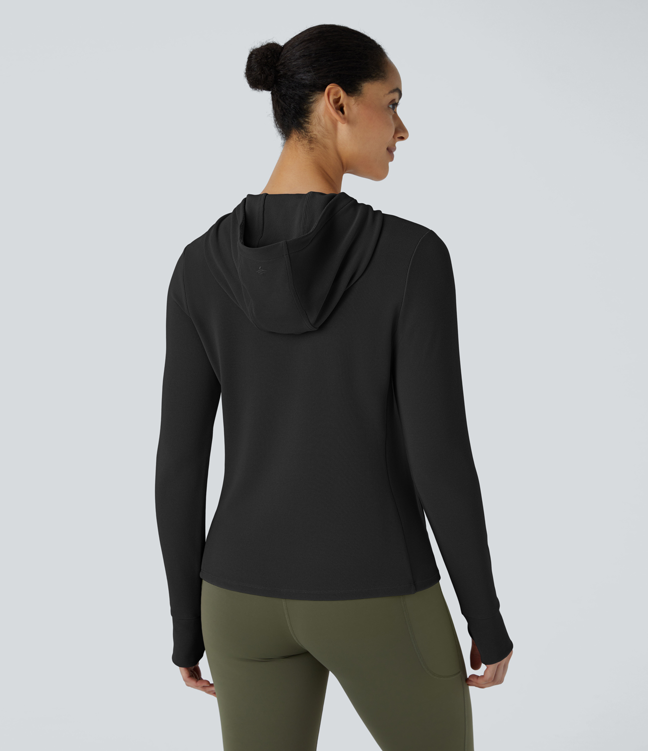 Halara Hooded Zipper Thumb Hole Multiple Pockets Waffle Yoga Jacket  - Black - M 