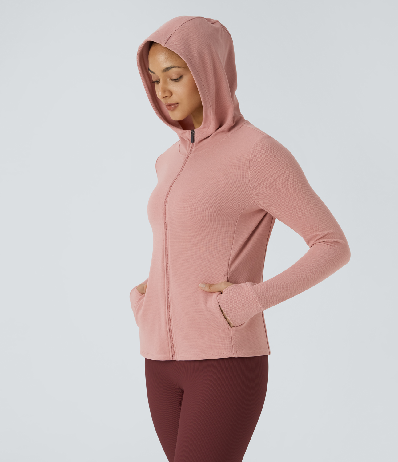 Halara Hooded Zipper Thumb Hole Multiple Pockets Waffle Yoga Jacket  - Peach Beige - L 