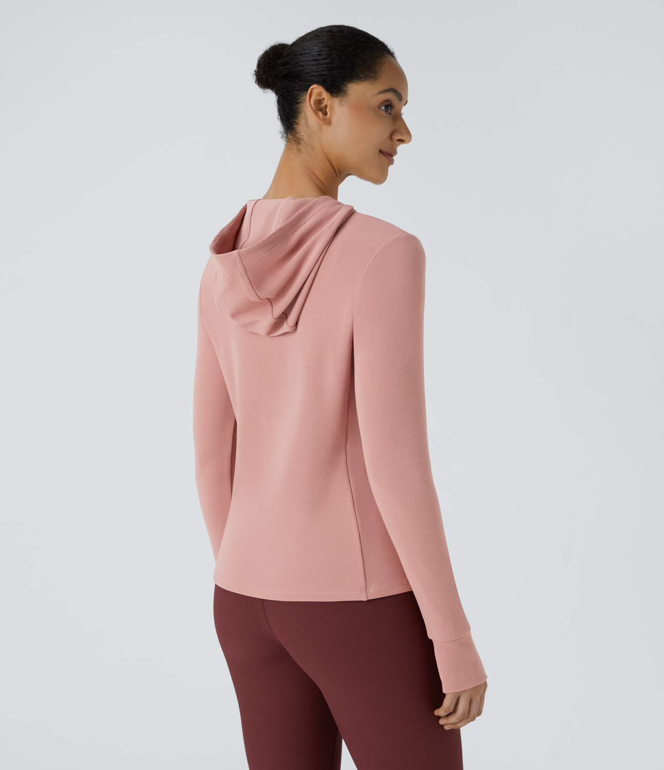 Halara Hooded Zipper Thumb Hole Multiple Pockets Waffle Yoga Jacket  - Peach Beige - L 