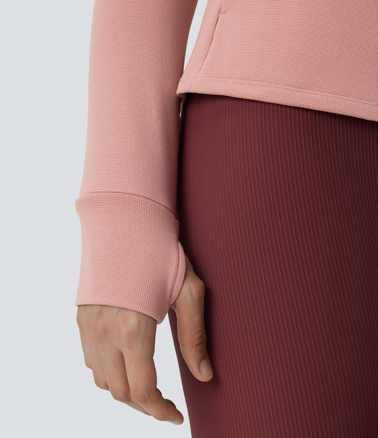 Halara Hooded Zipper Thumb Hole Multiple Pockets Waffle Yoga Jacket  - Peach Beige - L 