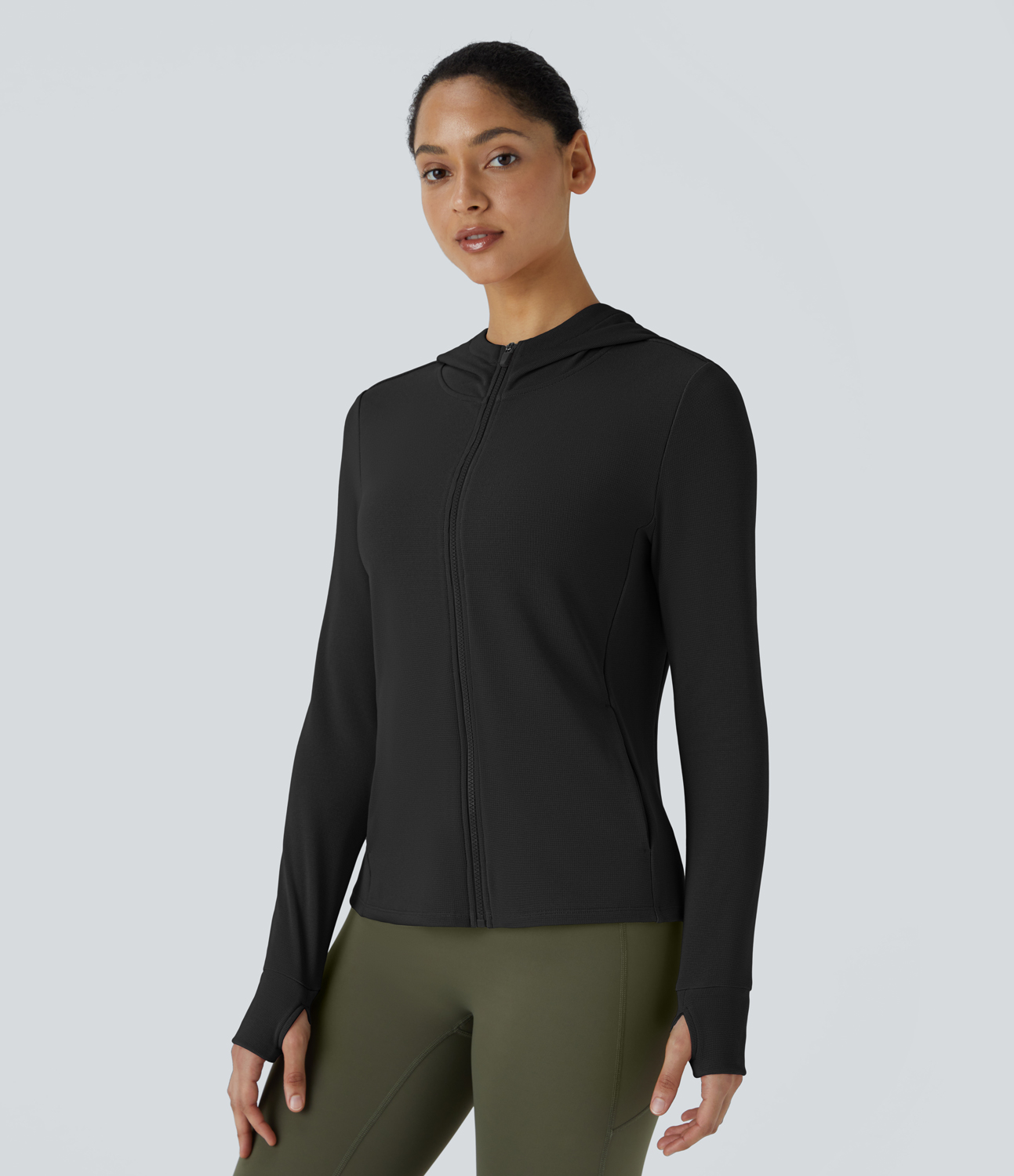 Halara Hooded Zipper Thumb Hole Multiple Pockets Waffle Yoga Jacket  - Black - M 