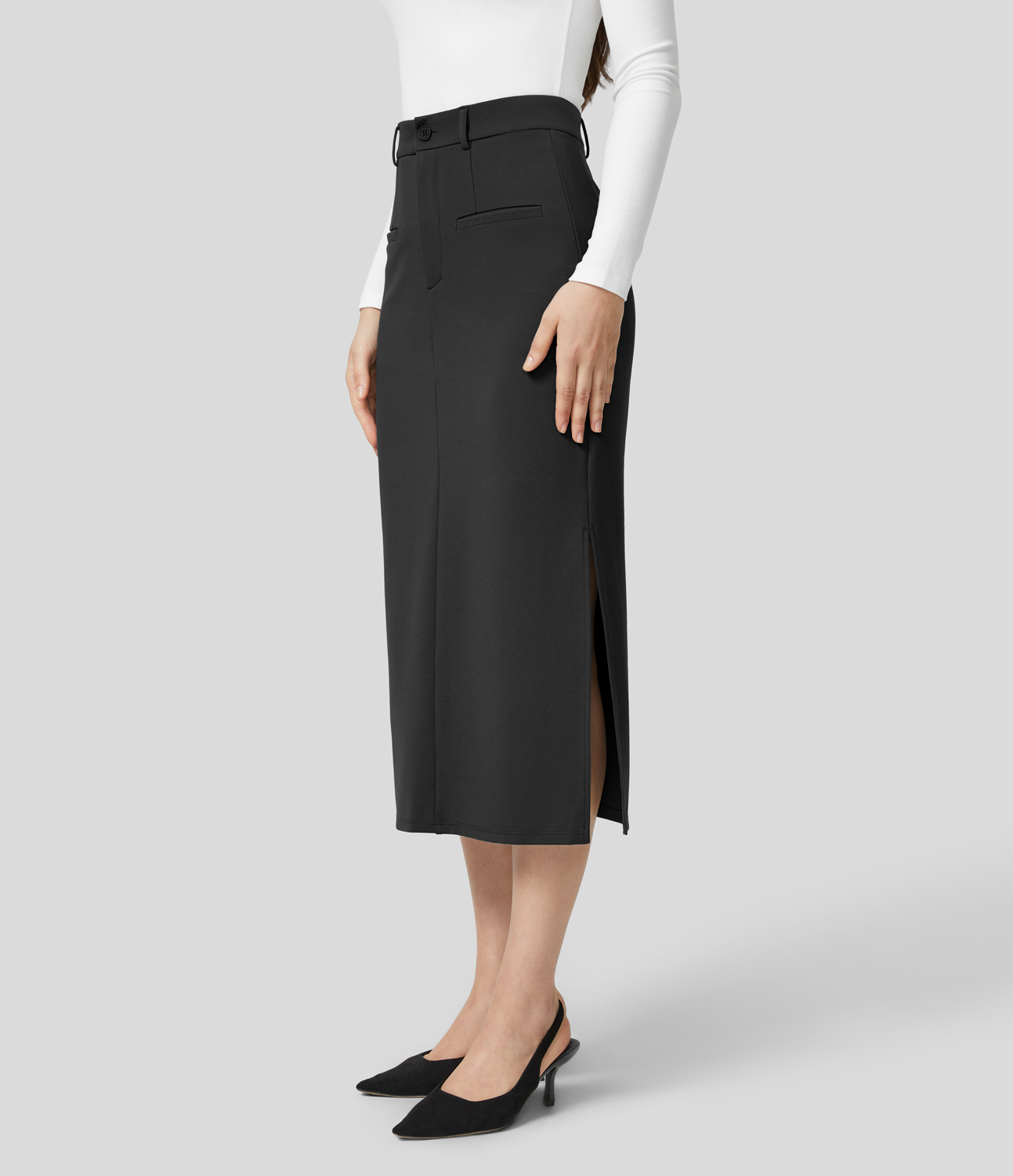 Halara High Waisted Button Zipper Front Side Pocket Split Bodycon Midi Work Skirt  - Black - M(regular) 