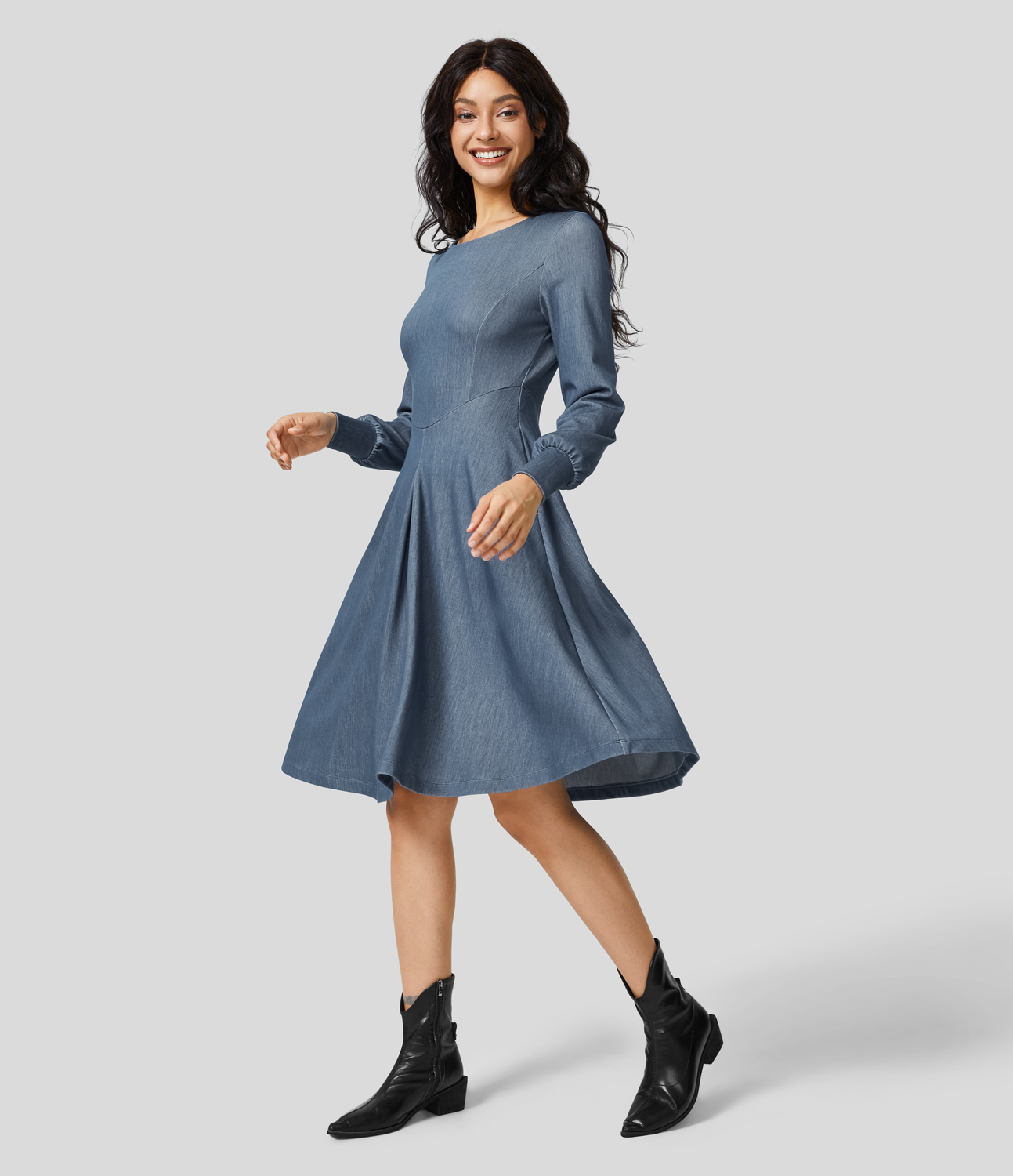 

Halara HalaraMagicв„ў Round Neck Long Sleeve Side Pocket Corset Plicated Flare Stretchy Knit Denim Midi Work Dress - Washed Denim Lake Blue