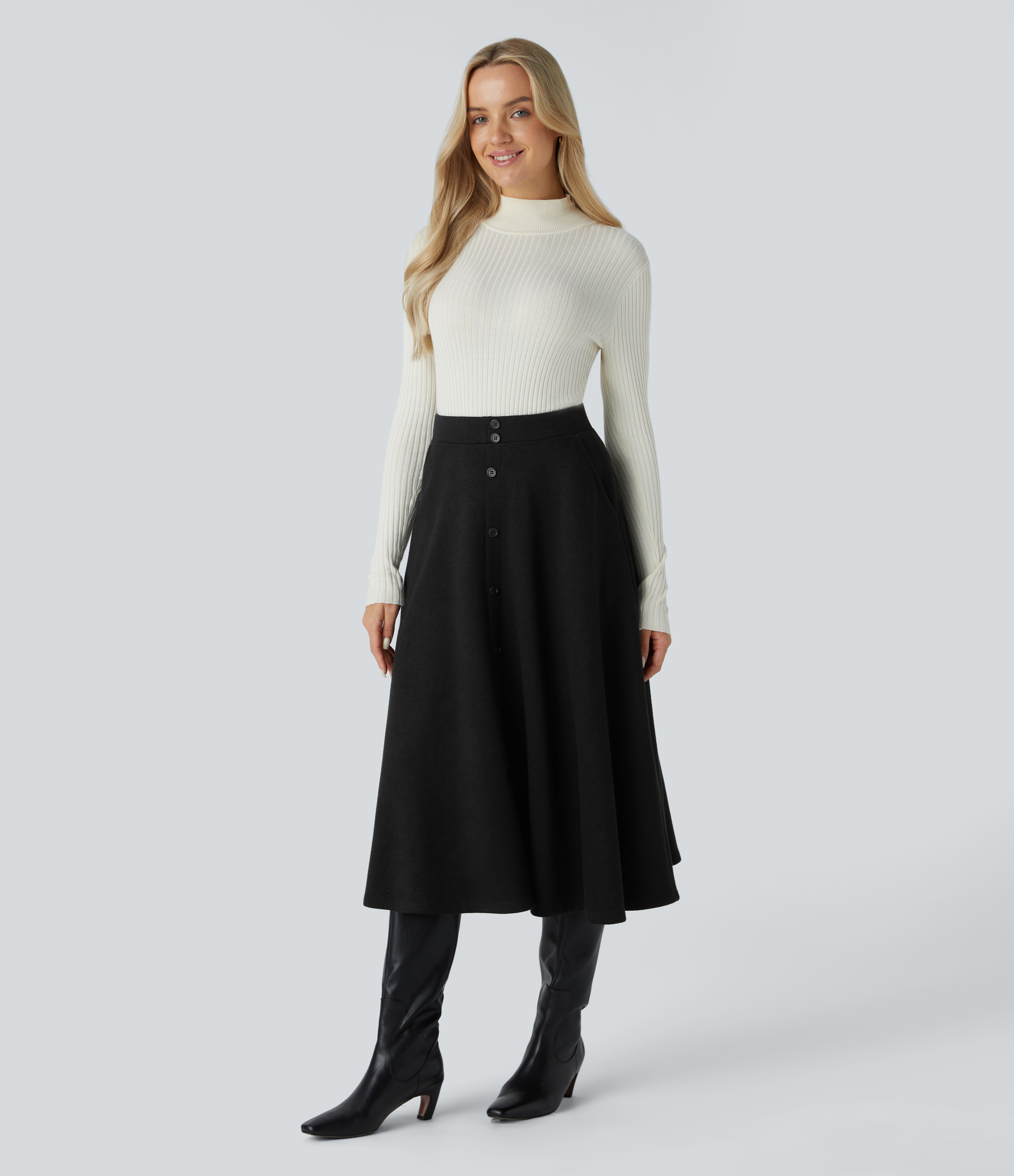 Halara High Waisted Decorative Button Side Pocket Midi Flare Casual Skirt  - Black - L(regular) 