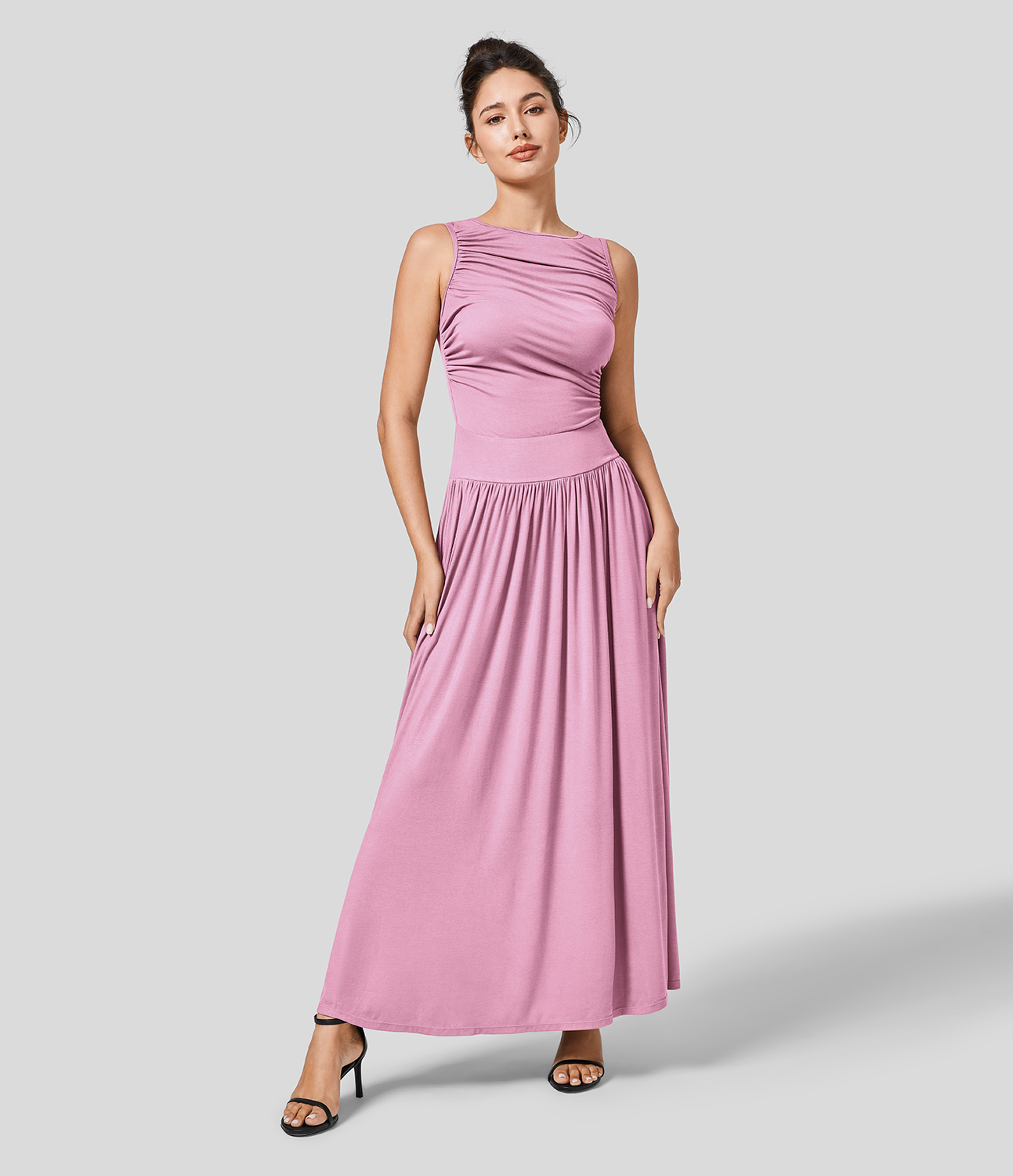 

Halara Ribbed Boat Neck Ruched Side Pocket Flowy Maxi Casual Dress Casual Dress - Sweet Lilac -  slip dress beach dress ruched dress